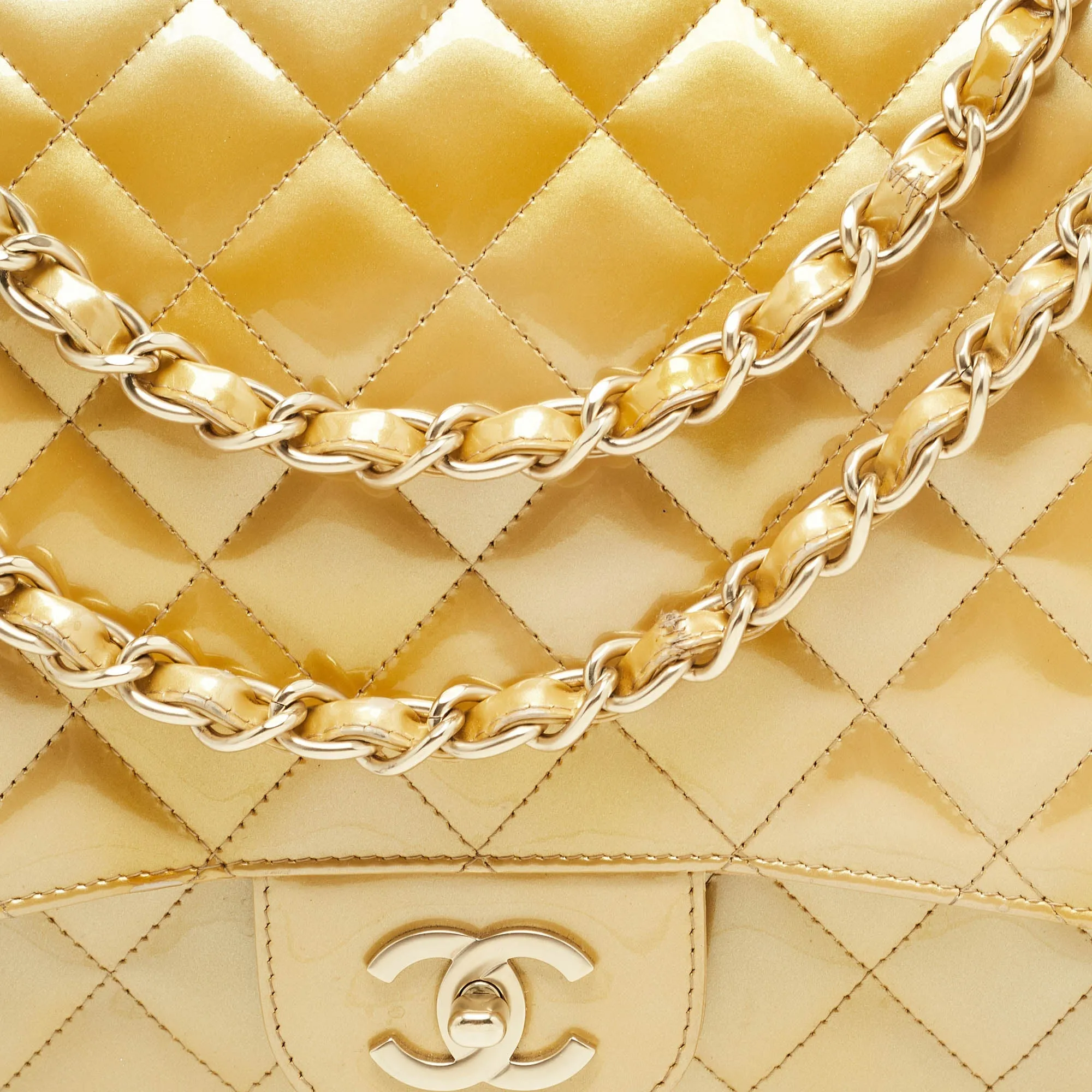 CHANEL Gold Quilted Patent Leather Maxi Classic Single New Bag