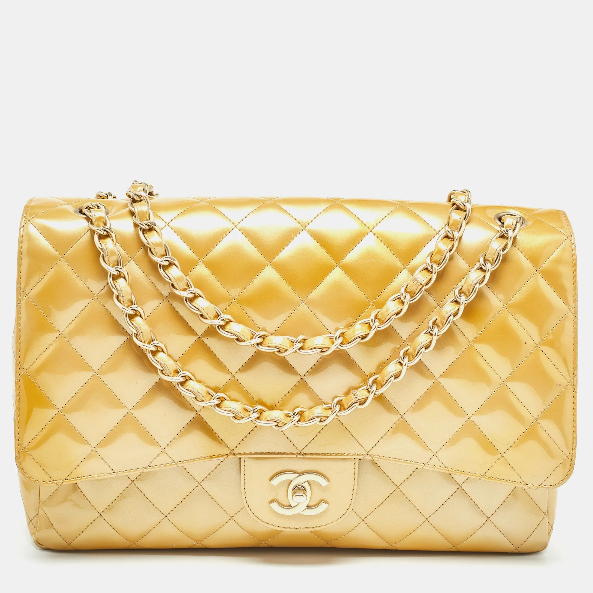 CHANEL Gold Quilted Patent Leather Maxi Classic Single New Bag