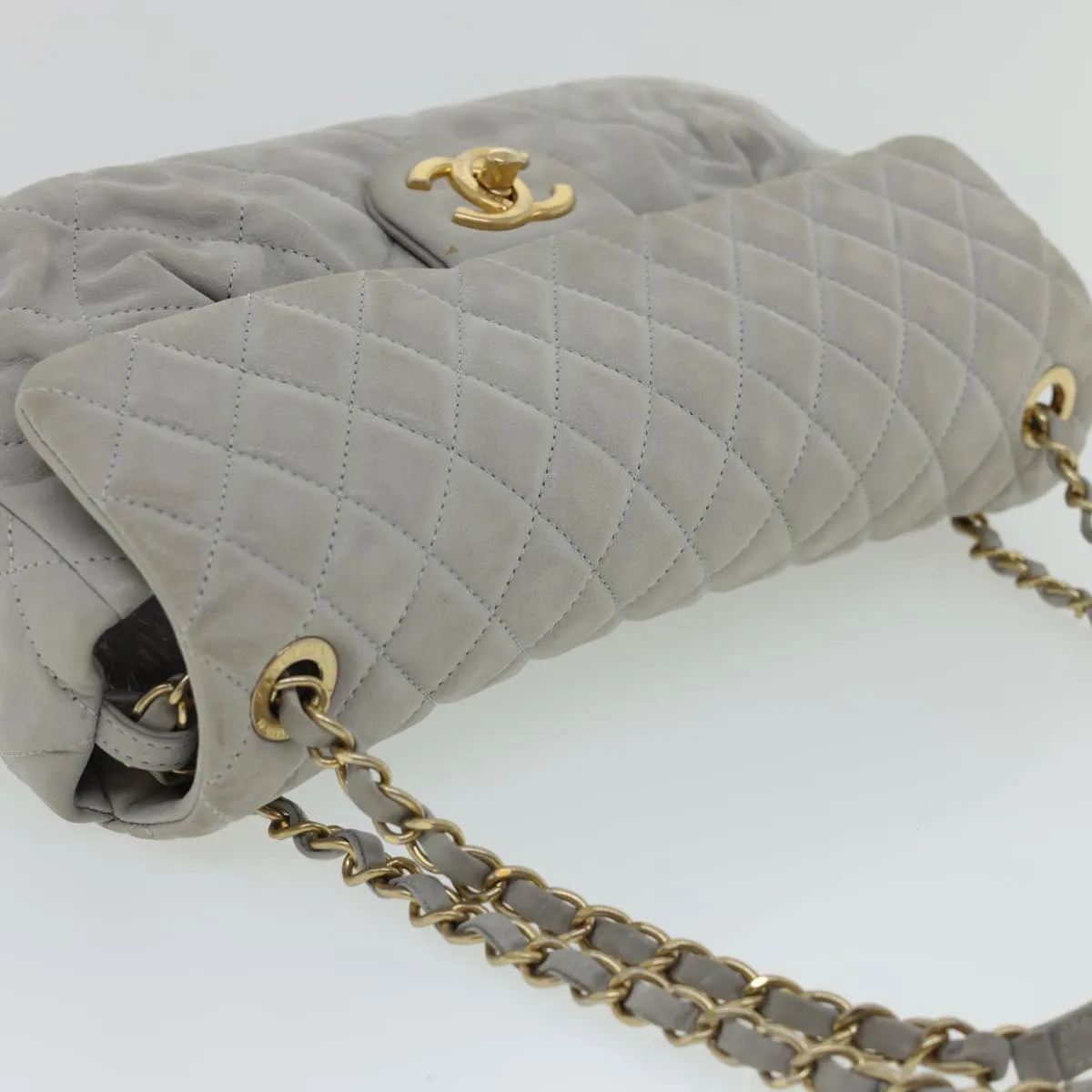 CHANEL Lamb Skin Matelasse Double Chain Shoulder Bag Gray CC am1097gA