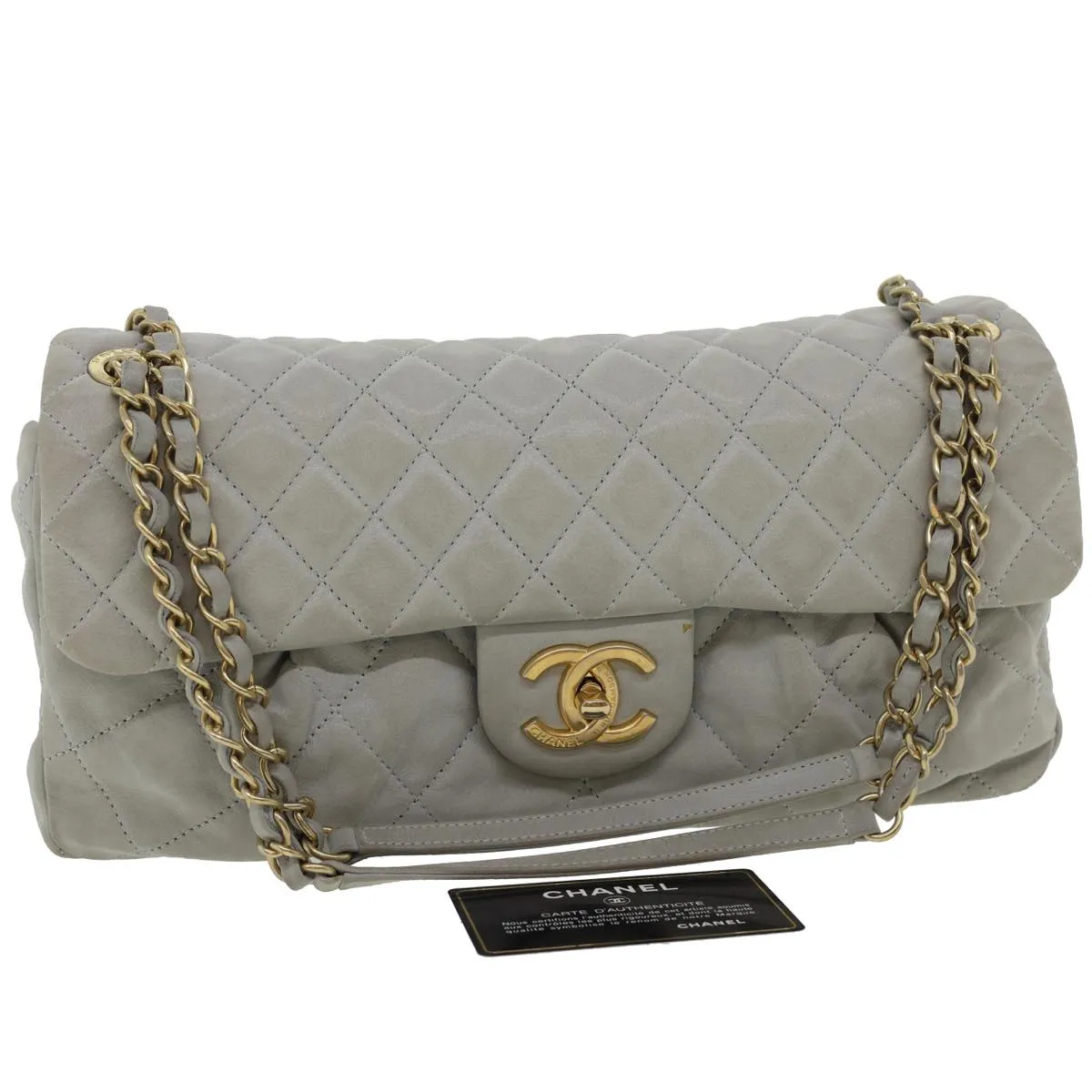 CHANEL Lamb Skin Matelasse Double Chain Shoulder Bag Gray CC am1097gA
