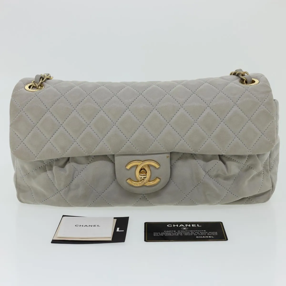 CHANEL Lamb Skin Matelasse Double Chain Shoulder Bag Gray CC am1097gA
