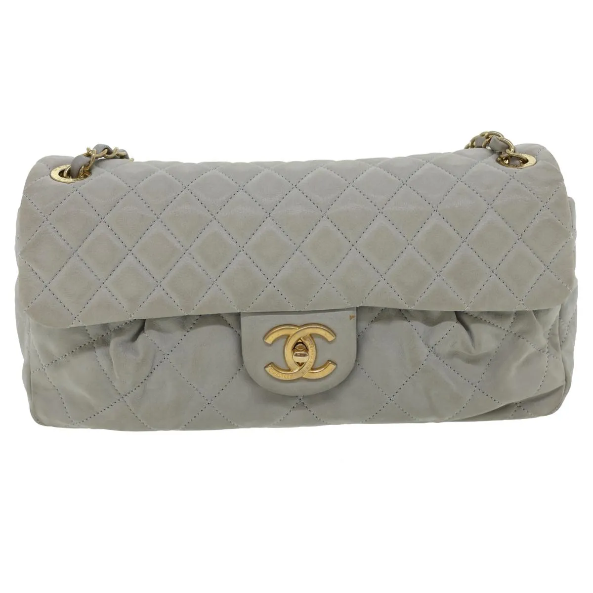 CHANEL Lamb Skin Matelasse Double Chain Shoulder Bag Gray CC am1097gA