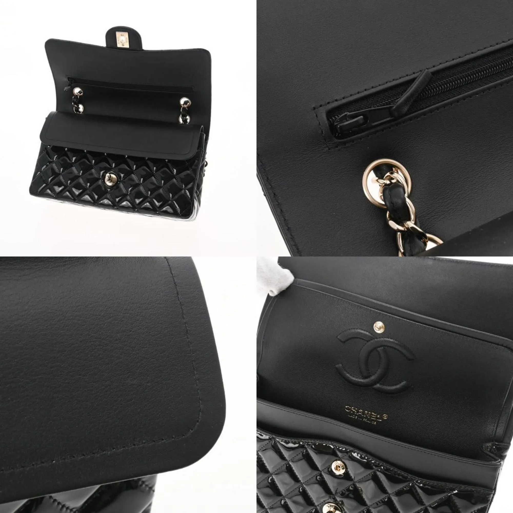CHANEL matelasse W flap chain shoulder 25 black champagne ladies patent leather bag