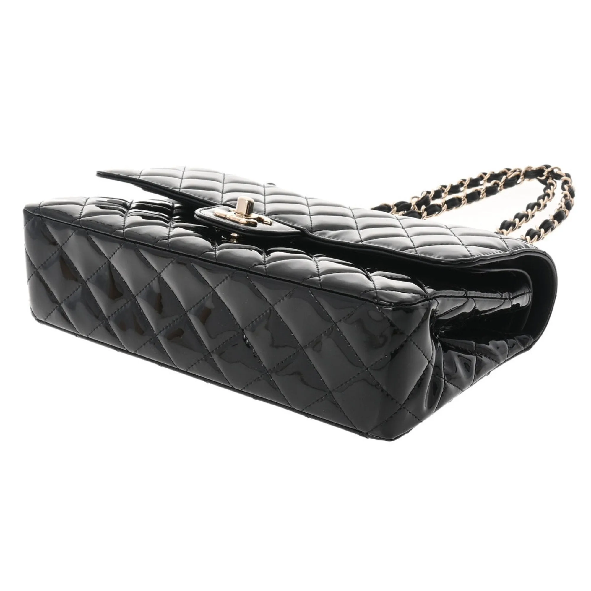 CHANEL matelasse W flap chain shoulder 25 black champagne ladies patent leather bag