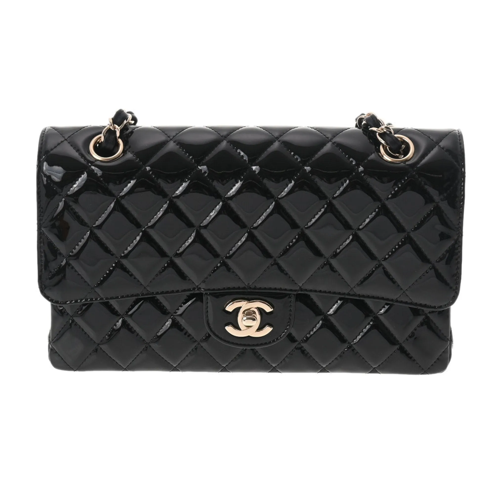 CHANEL matelasse W flap chain shoulder 25 black champagne ladies patent leather bag