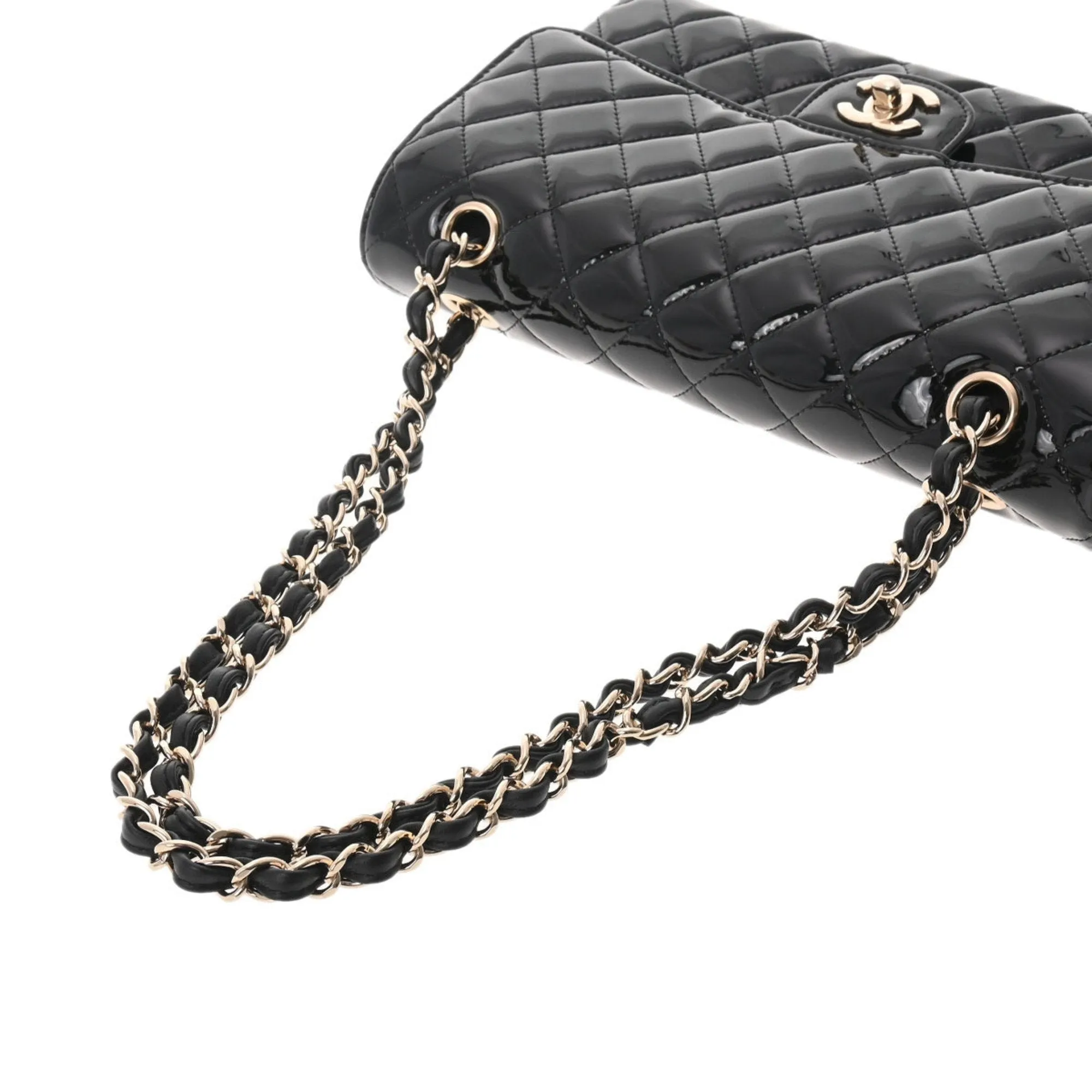 CHANEL matelasse W flap chain shoulder 25 black champagne ladies patent leather bag