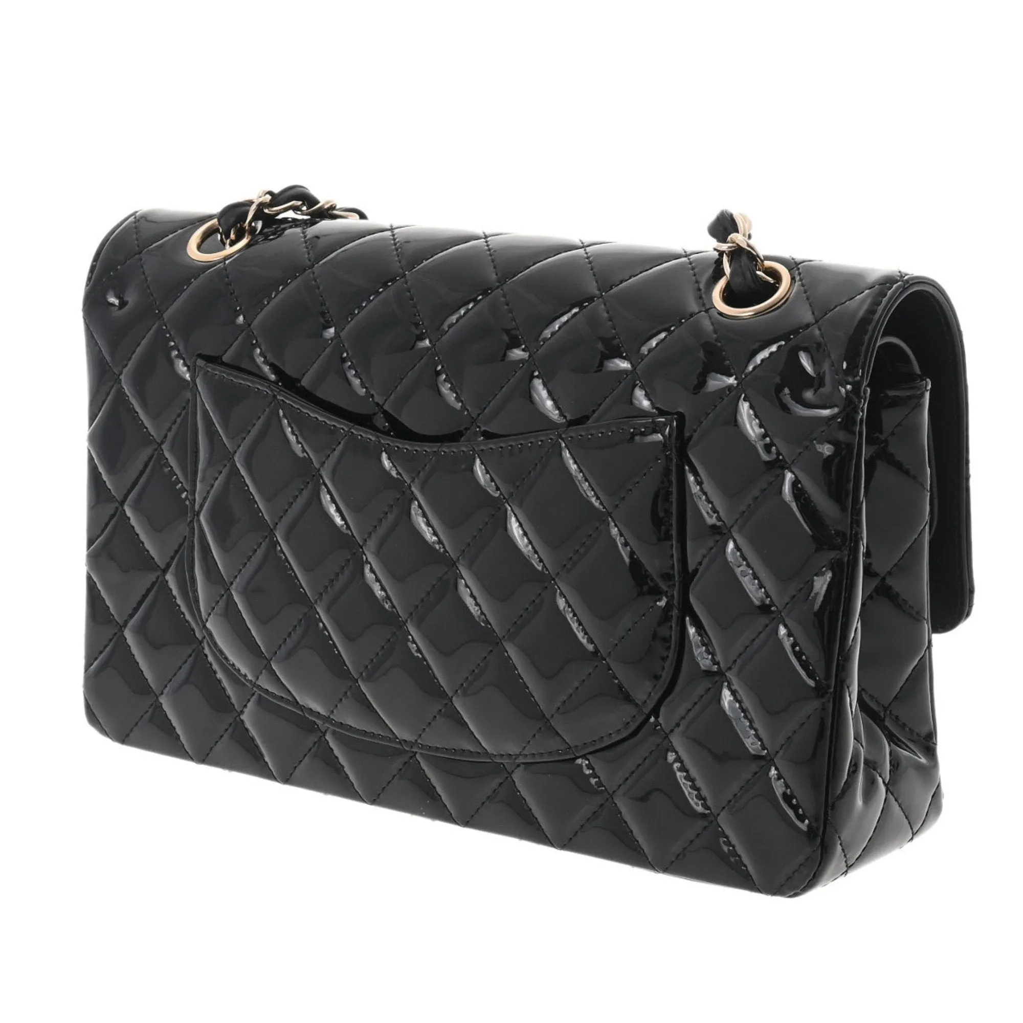 CHANEL matelasse W flap chain shoulder 25 black champagne ladies patent leather bag