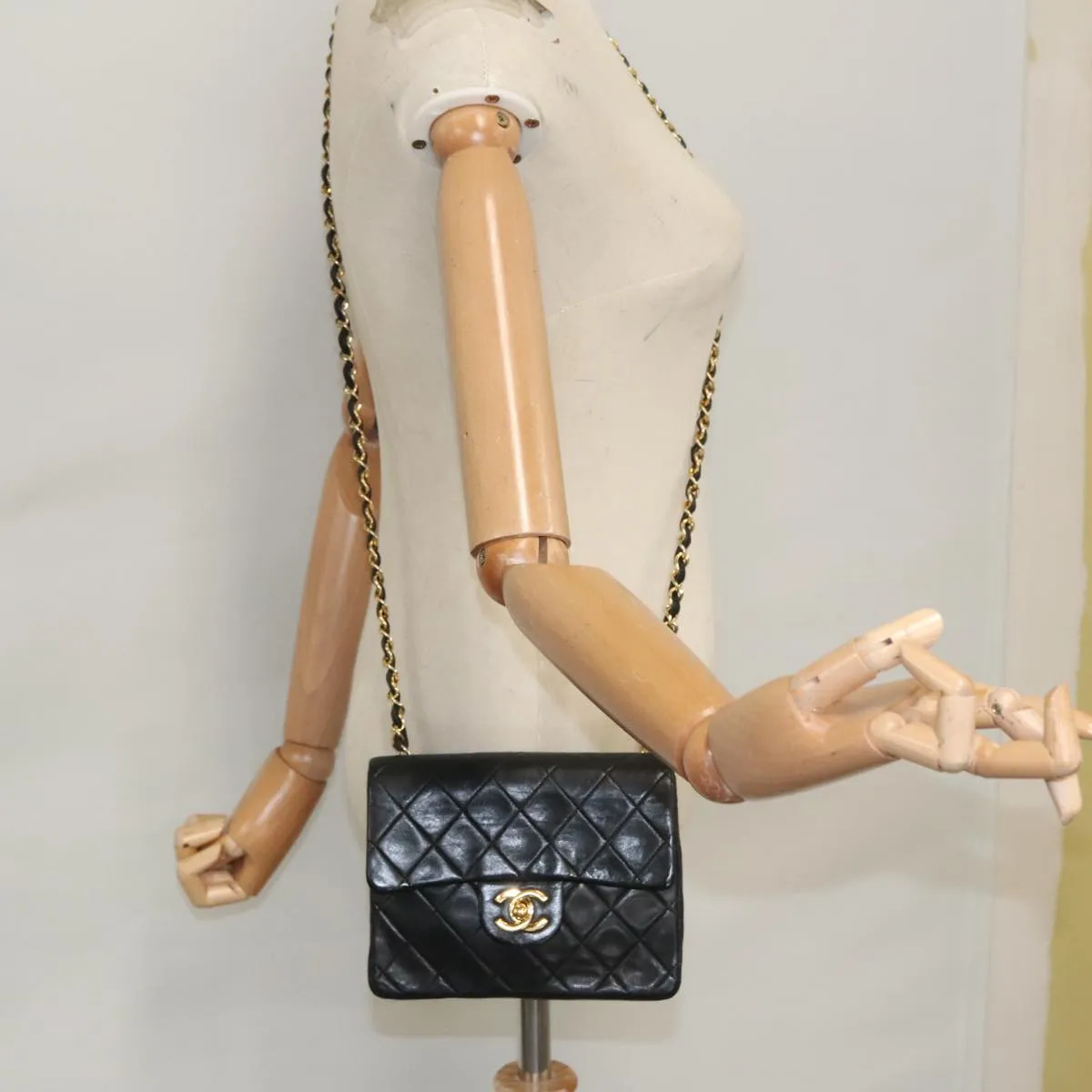 CHANEL Mini Materasse 17 Chain Shoulder Bag Lamb Skin Black Gold CC PP025