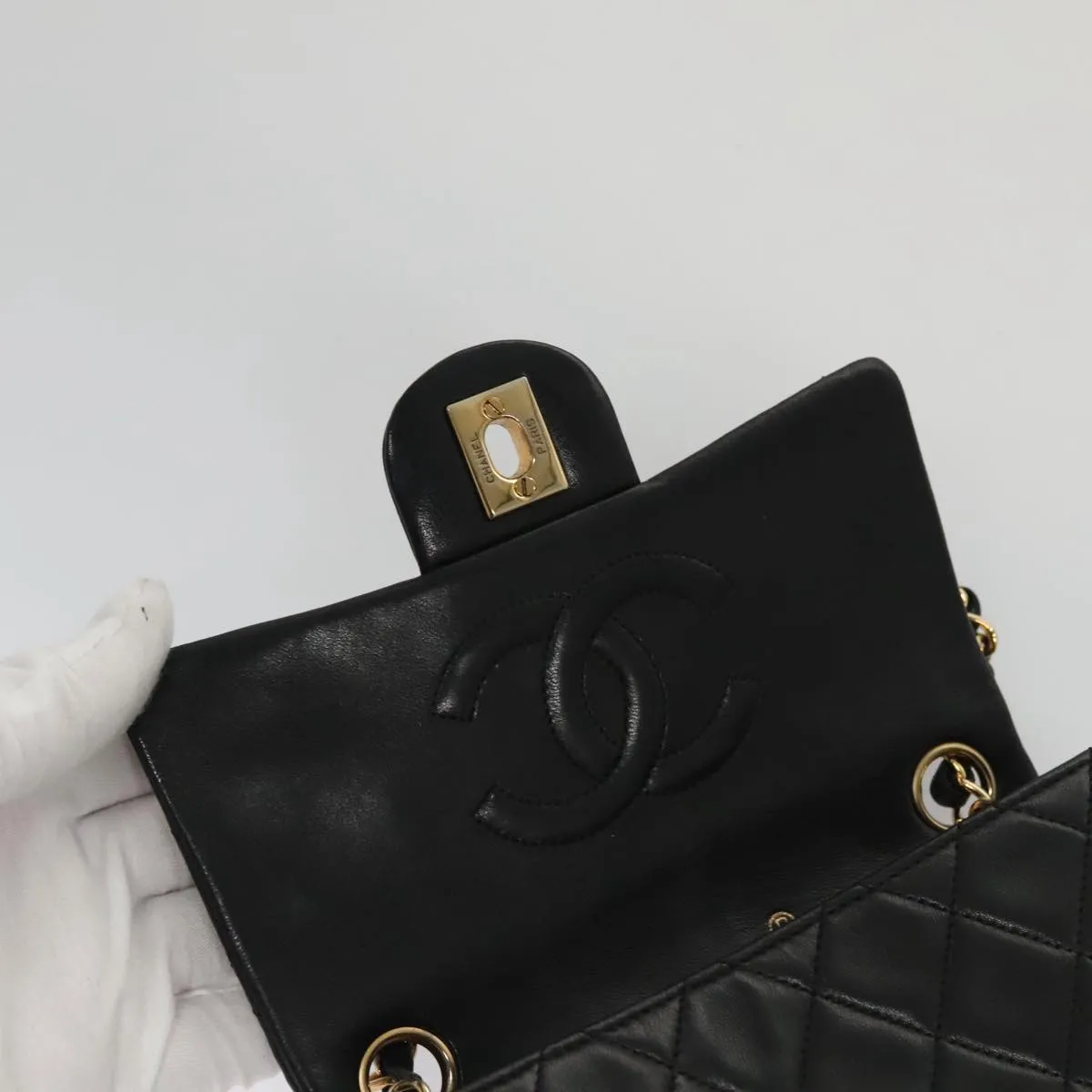CHANEL Mini Materasse 17 Chain Shoulder Bag Lamb Skin Black Gold CC PP025
