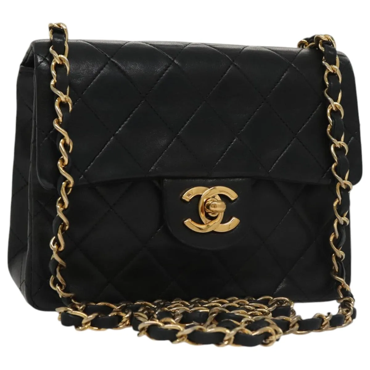 CHANEL Mini Materasse 17 Chain Shoulder Bag Lamb Skin Black Gold CC PP025