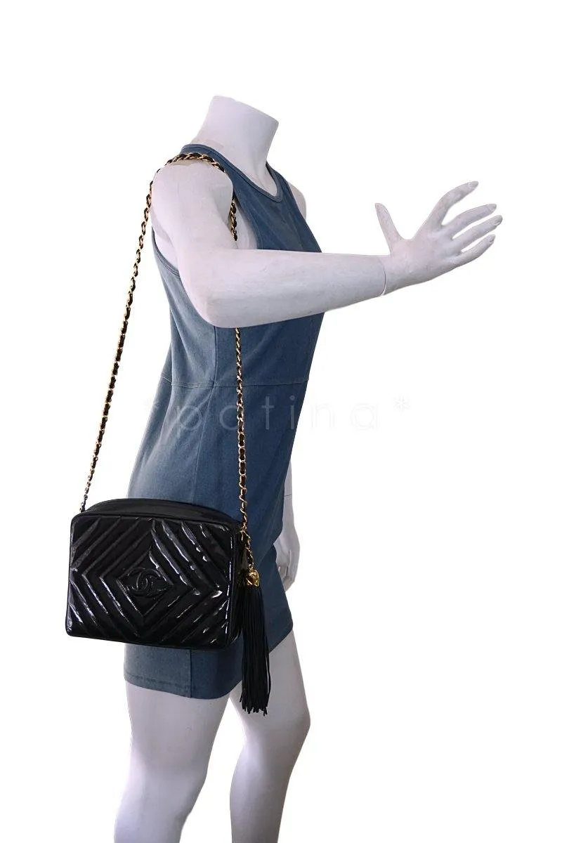 Chanel Pristine Vintage Black Patent Classic Quilted Camera Case Bag