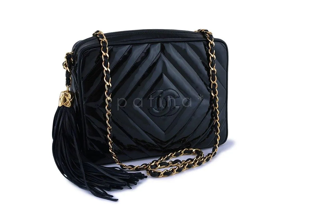 Chanel Pristine Vintage Black Patent Classic Quilted Camera Case Bag
