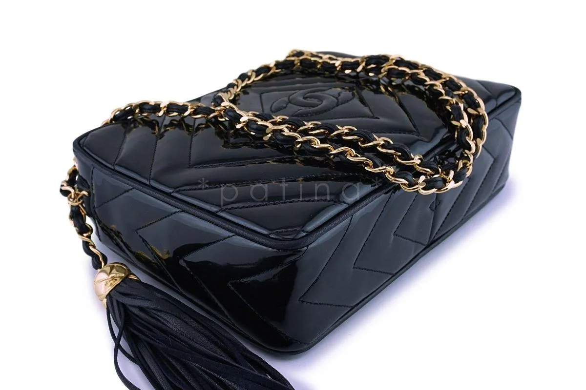 Chanel Pristine Vintage Black Patent Classic Quilted Camera Case Bag