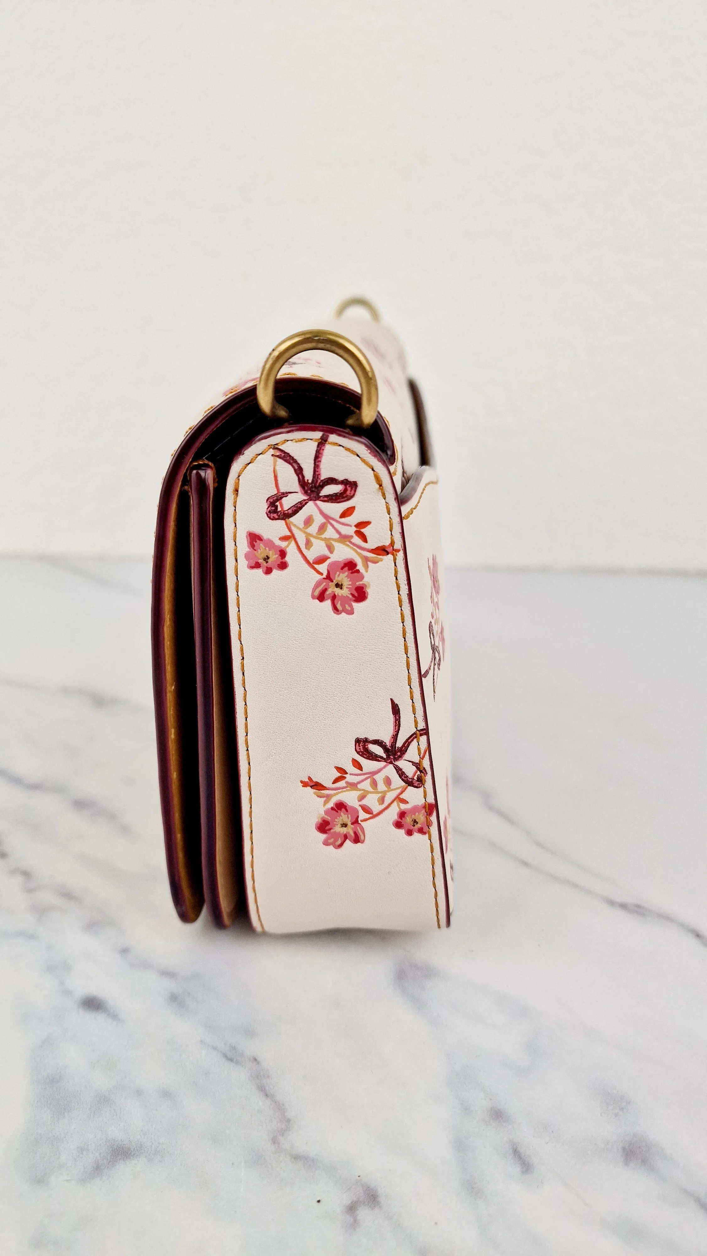 Coach 1941 Dinky Crossbody Bag in Chalk Smooth Leather With Floral Bow Pink Flowers - Coach 28433