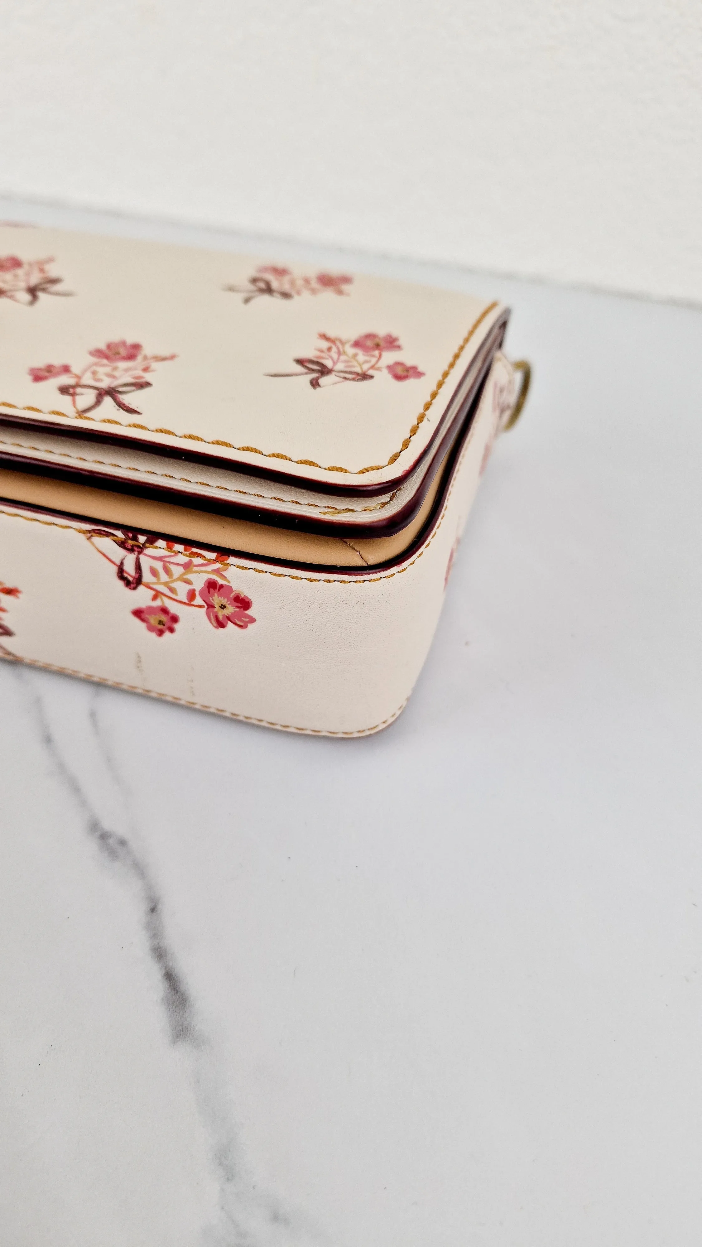 Coach 1941 Dinky Crossbody Bag in Chalk Smooth Leather With Floral Bow Pink Flowers - Coach 28433