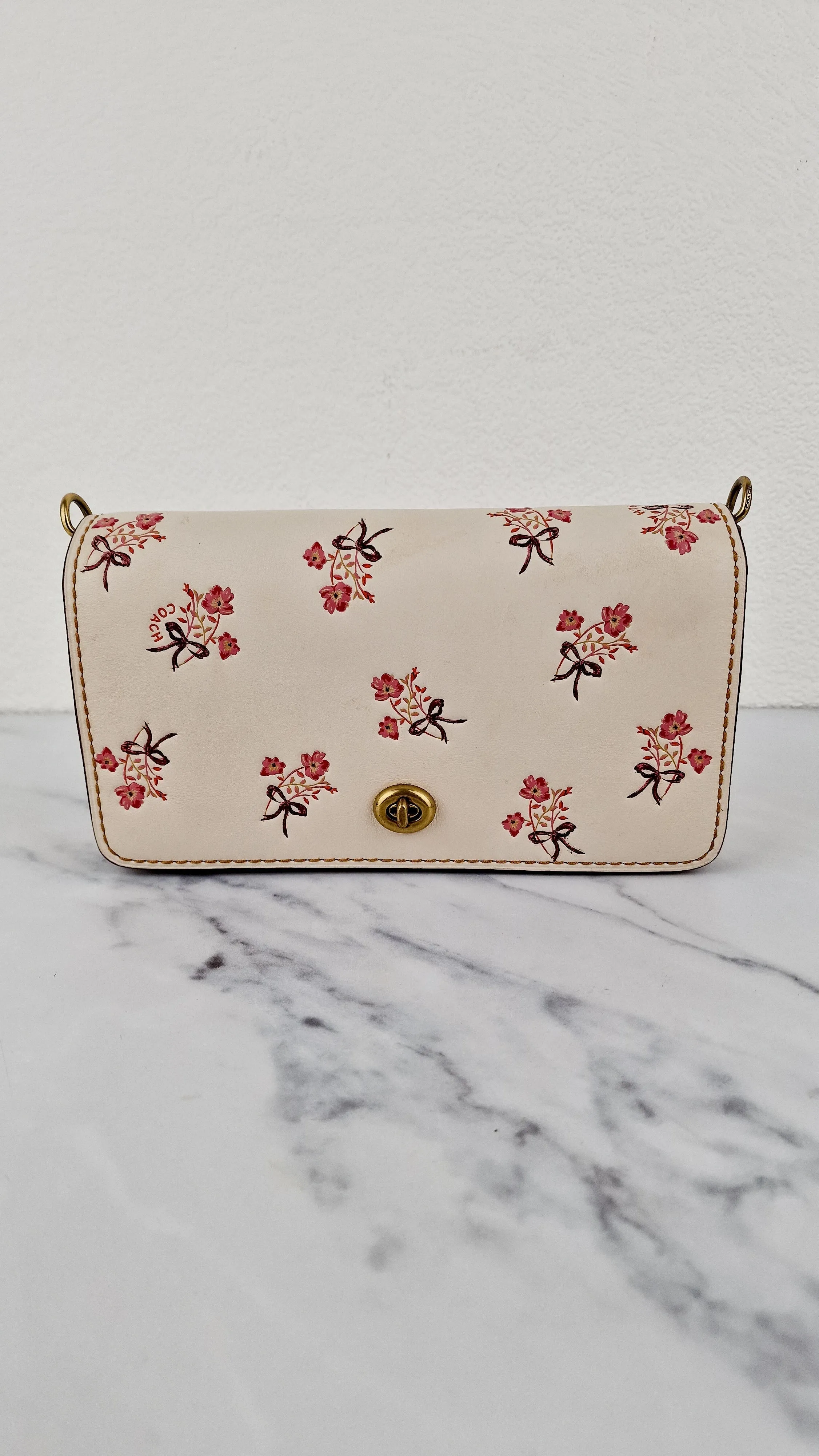 Coach 1941 Dinky Crossbody Bag in Chalk Smooth Leather With Floral Bow Pink Flowers - Coach 28433