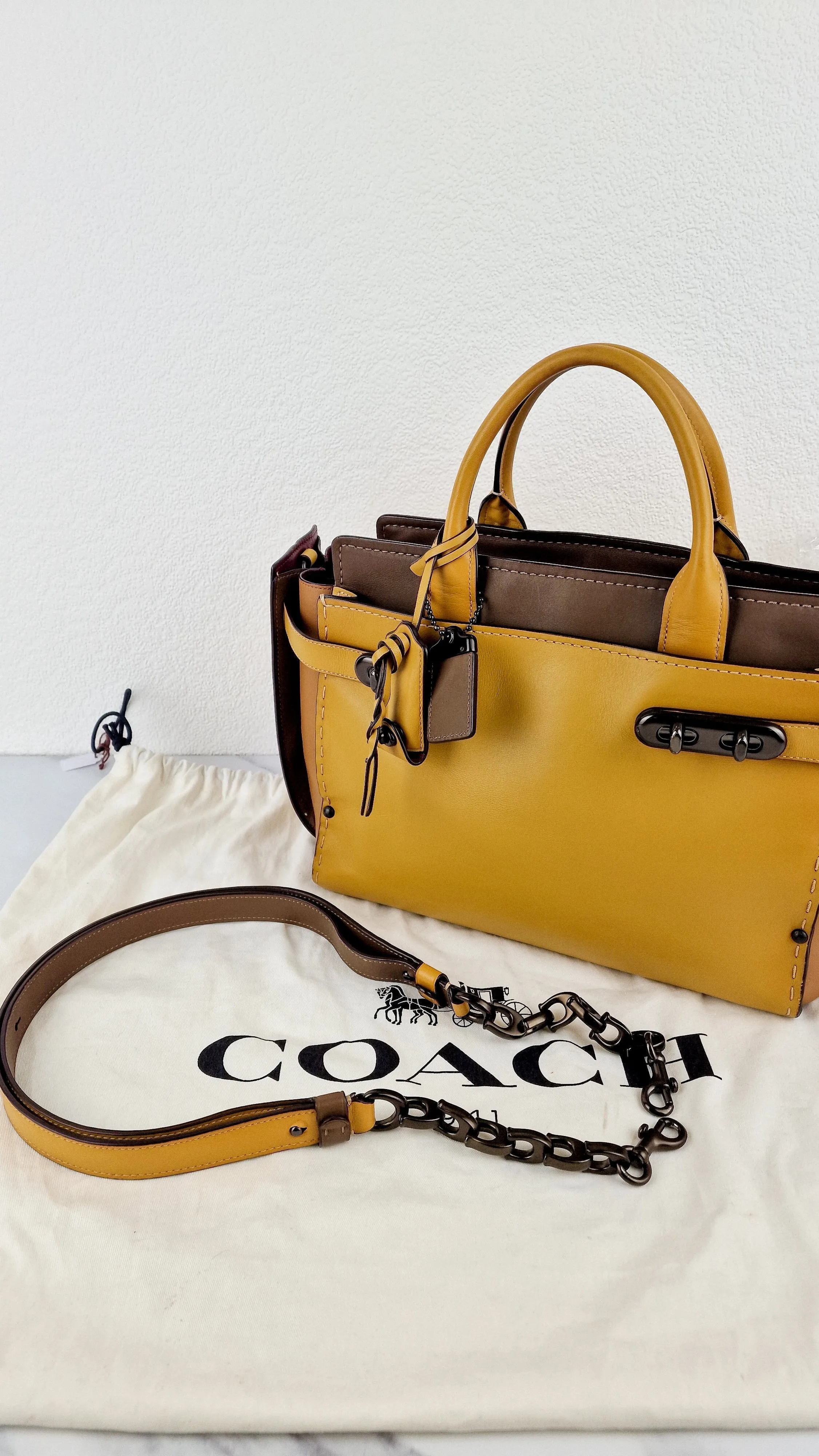 Coach 1941 Double Swagger Flax Yellow Handbag C Chain Strap Leather Bag - Coach 25831