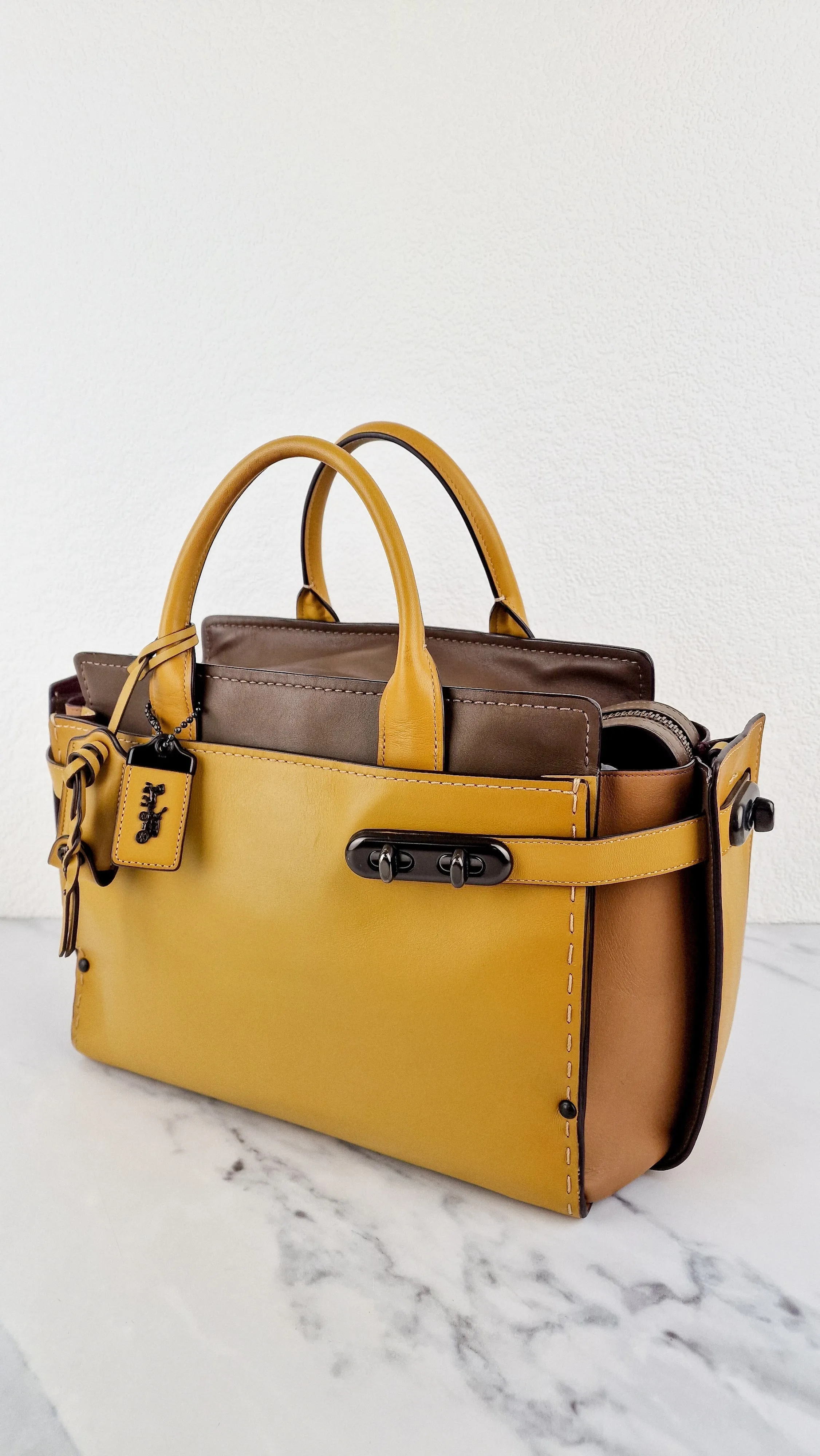 Coach 1941 Double Swagger Flax Yellow Handbag C Chain Strap Leather Bag - Coach 25831