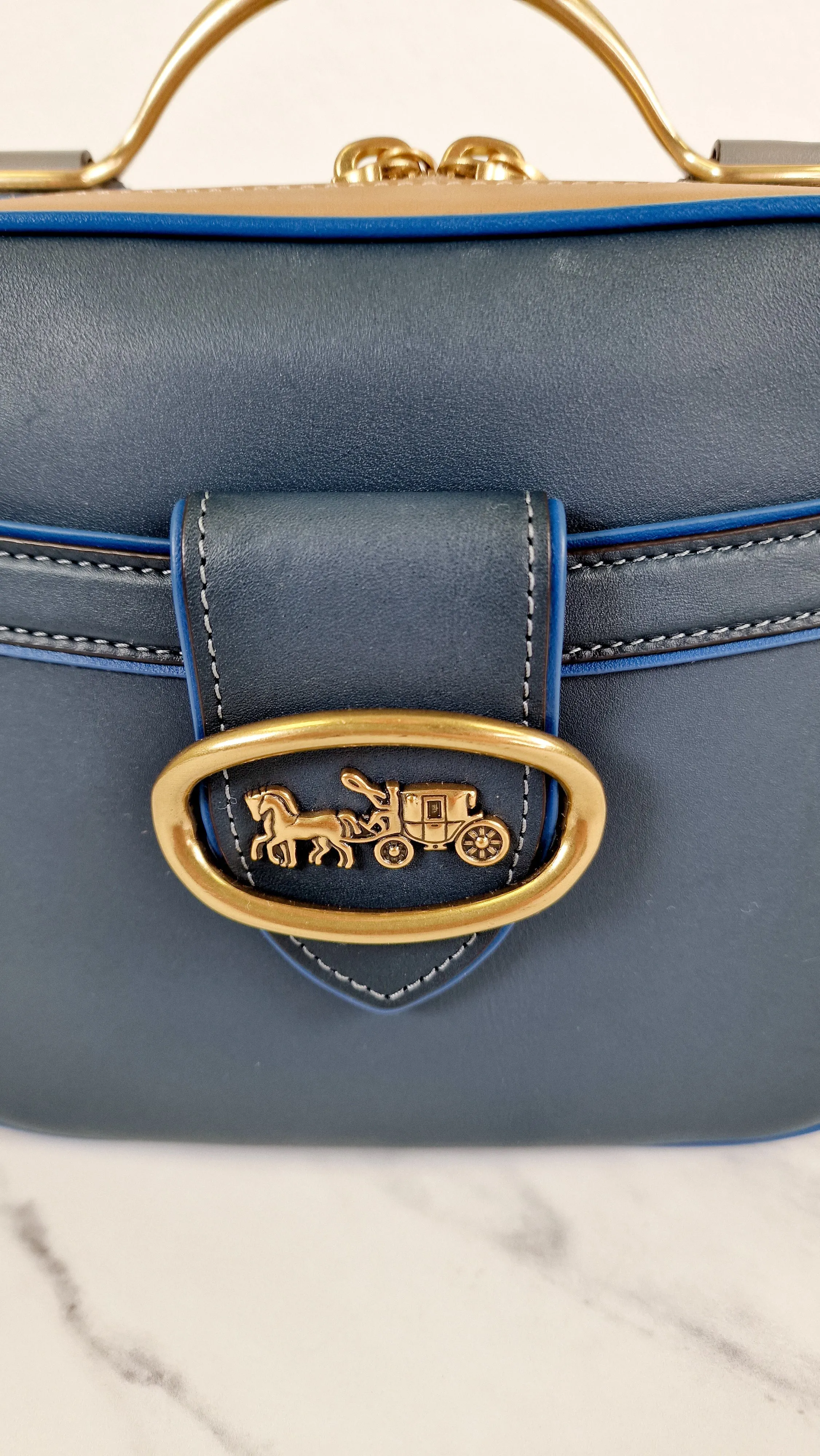 Coach 1941 Riley Lunchbox Bag in Dark Denim Blue Smooth Leather Colorblock Tophandle Crossbody Bag - Coach 704