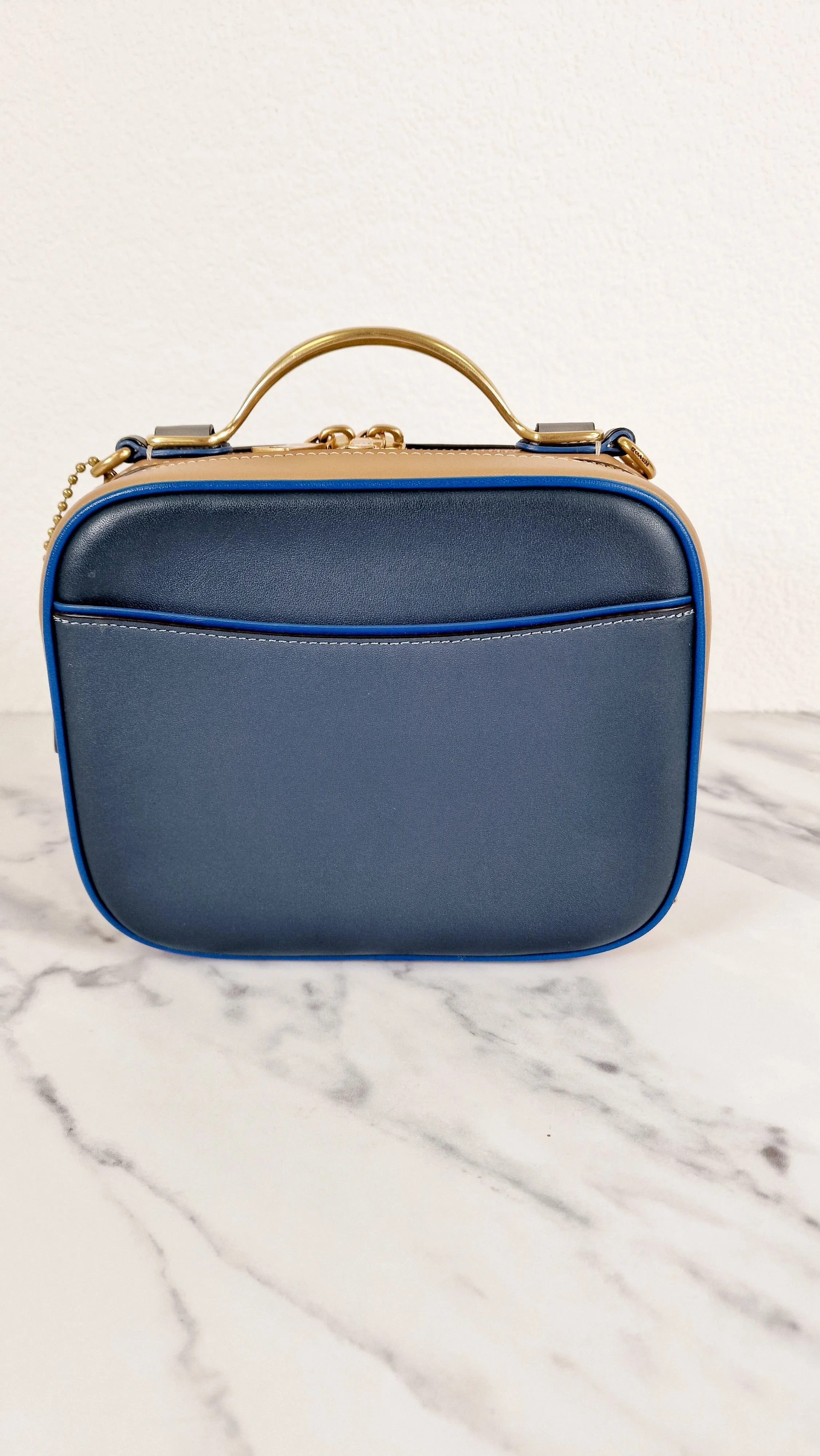 Coach 1941 Riley Lunchbox Bag in Dark Denim Blue Smooth Leather Colorblock Tophandle Crossbody Bag - Coach 704