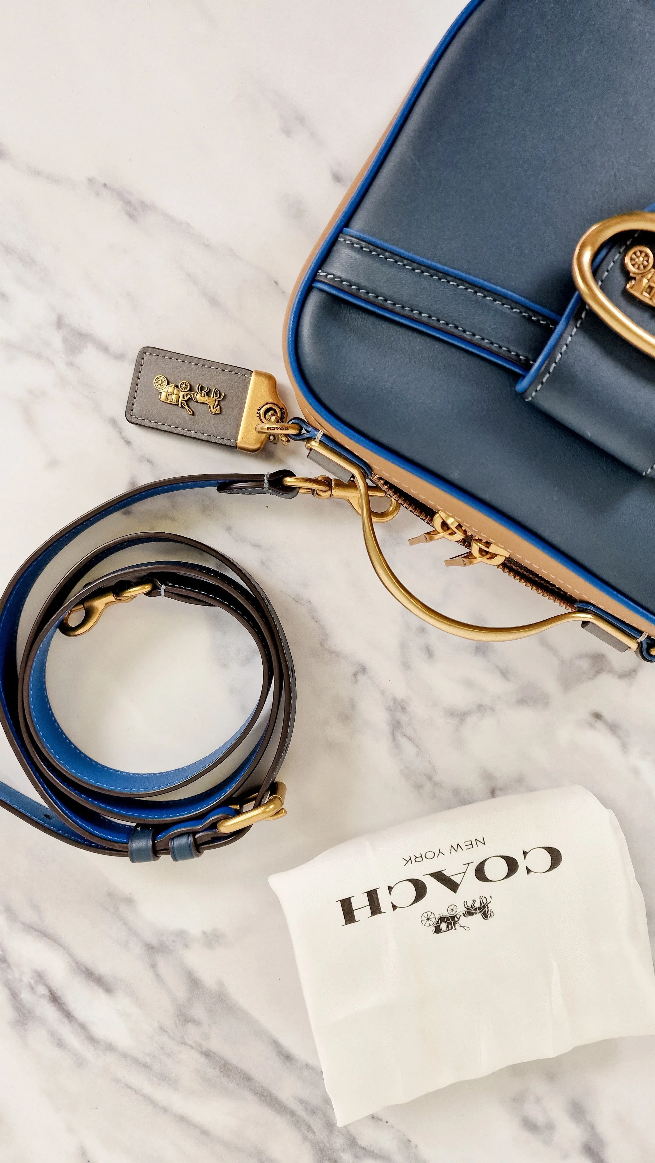 Coach 1941 Riley Lunchbox Bag in Dark Denim Blue Smooth Leather Colorblock Tophandle Crossbody Bag - Coach 704
