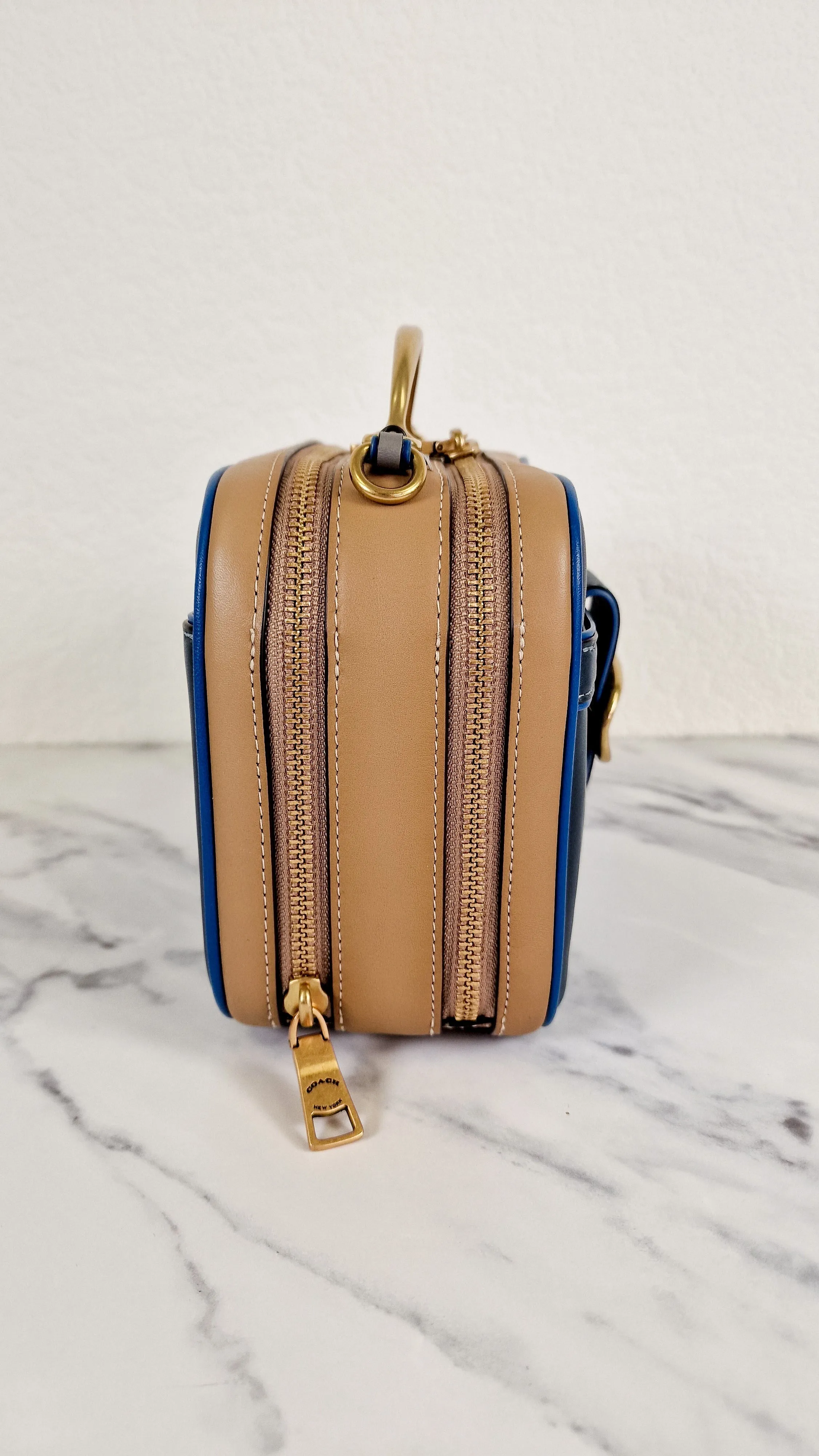 Coach 1941 Riley Lunchbox Bag in Dark Denim Blue Smooth Leather Colorblock Tophandle Crossbody Bag - Coach 704