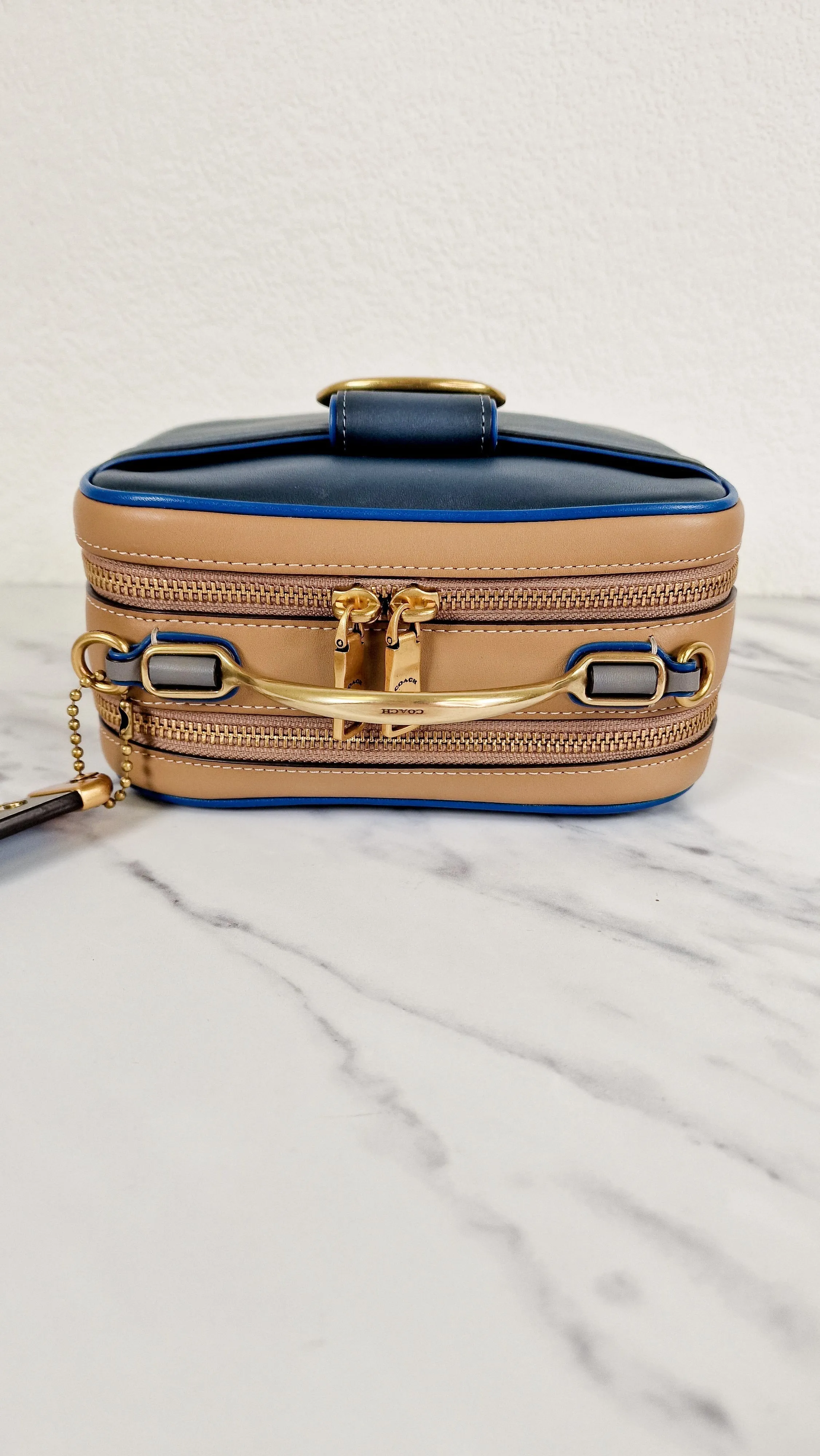 Coach 1941 Riley Lunchbox Bag in Dark Denim Blue Smooth Leather Colorblock Tophandle Crossbody Bag - Coach 704