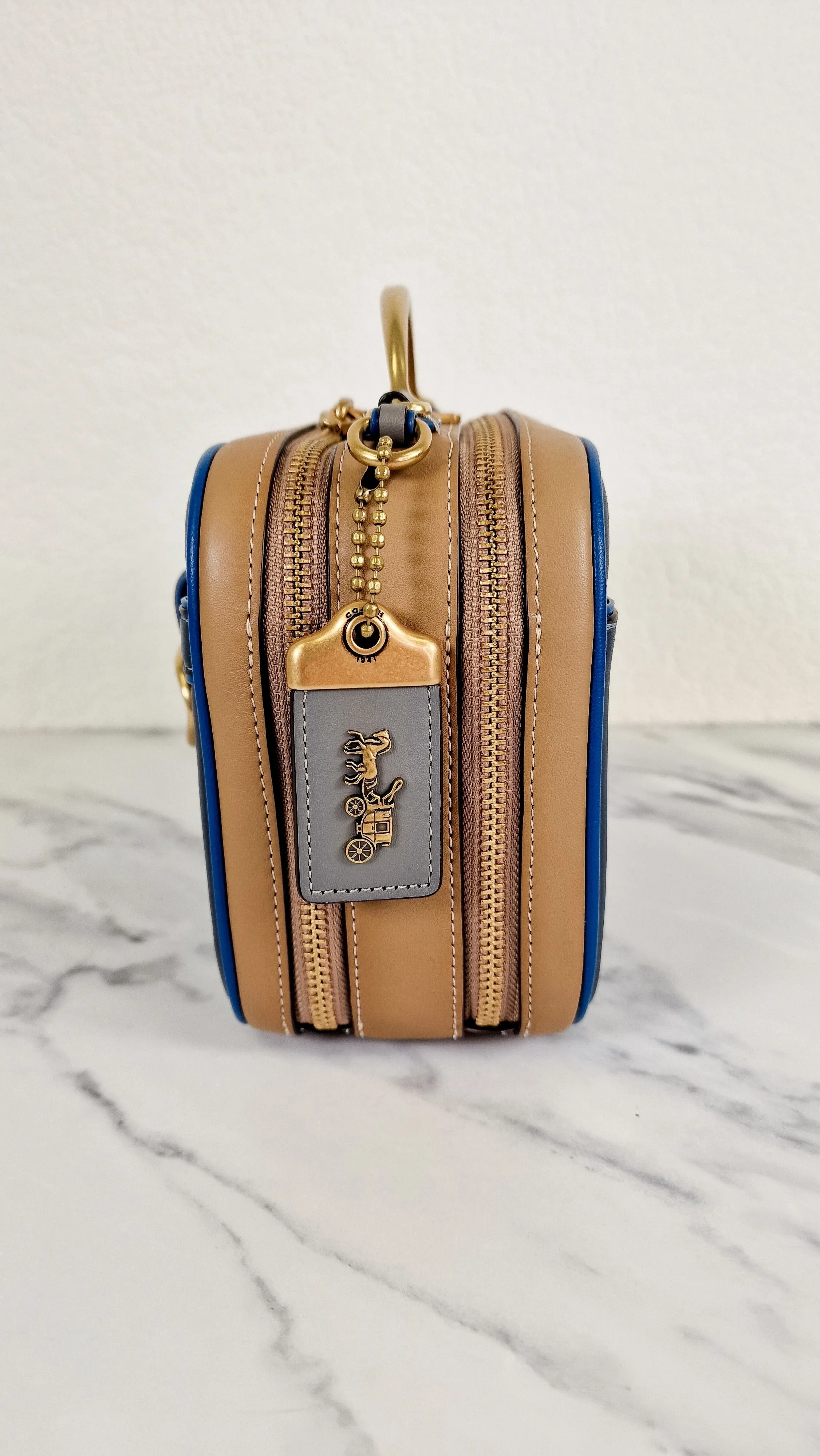 Coach 1941 Riley Lunchbox Bag in Dark Denim Blue Smooth Leather Colorblock Tophandle Crossbody Bag - Coach 704