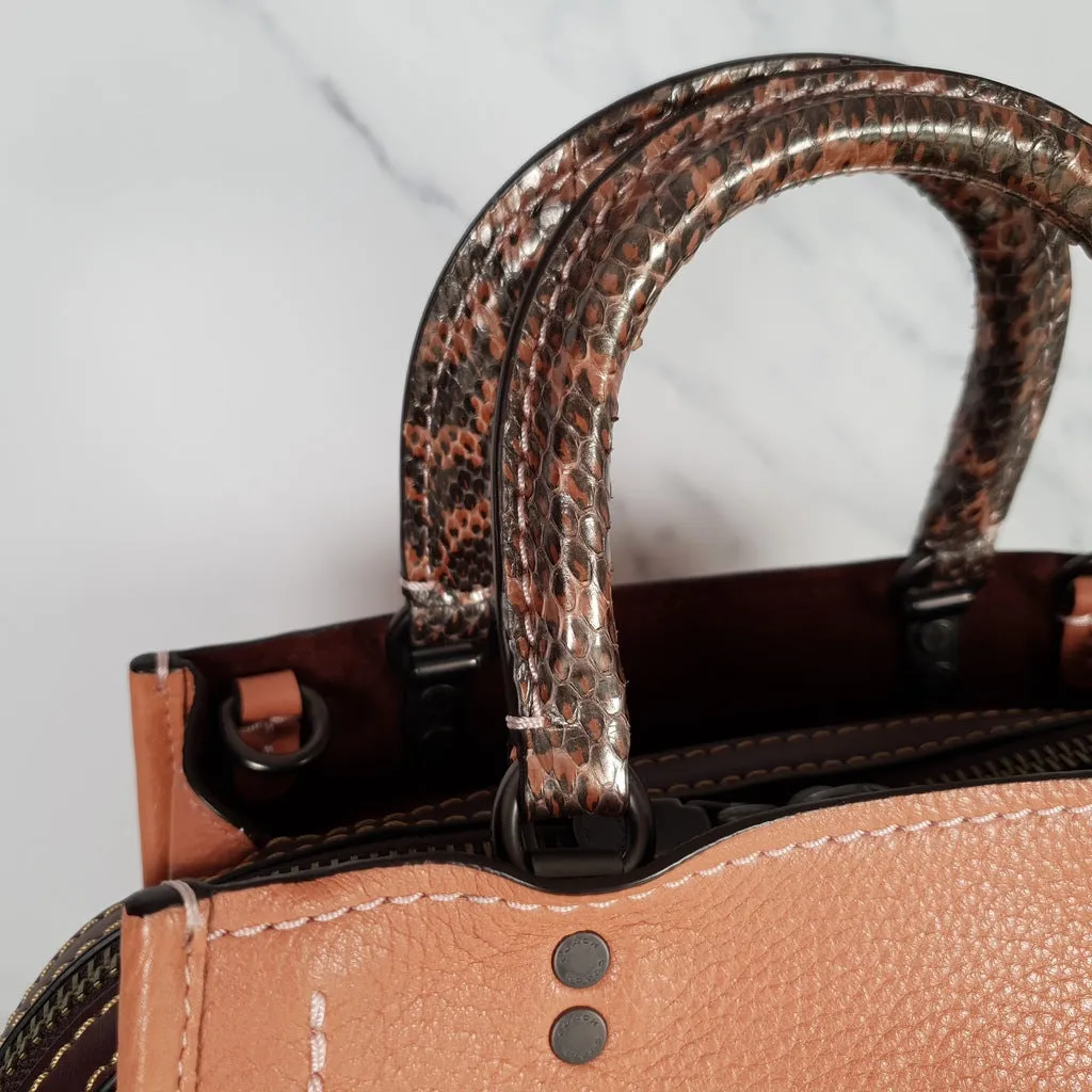 Coach 1941 Rogue 25 in Melon with Snakeskin Handles - Shoulder Bag Handbag in Pebble Leather Pink Salmon Peach