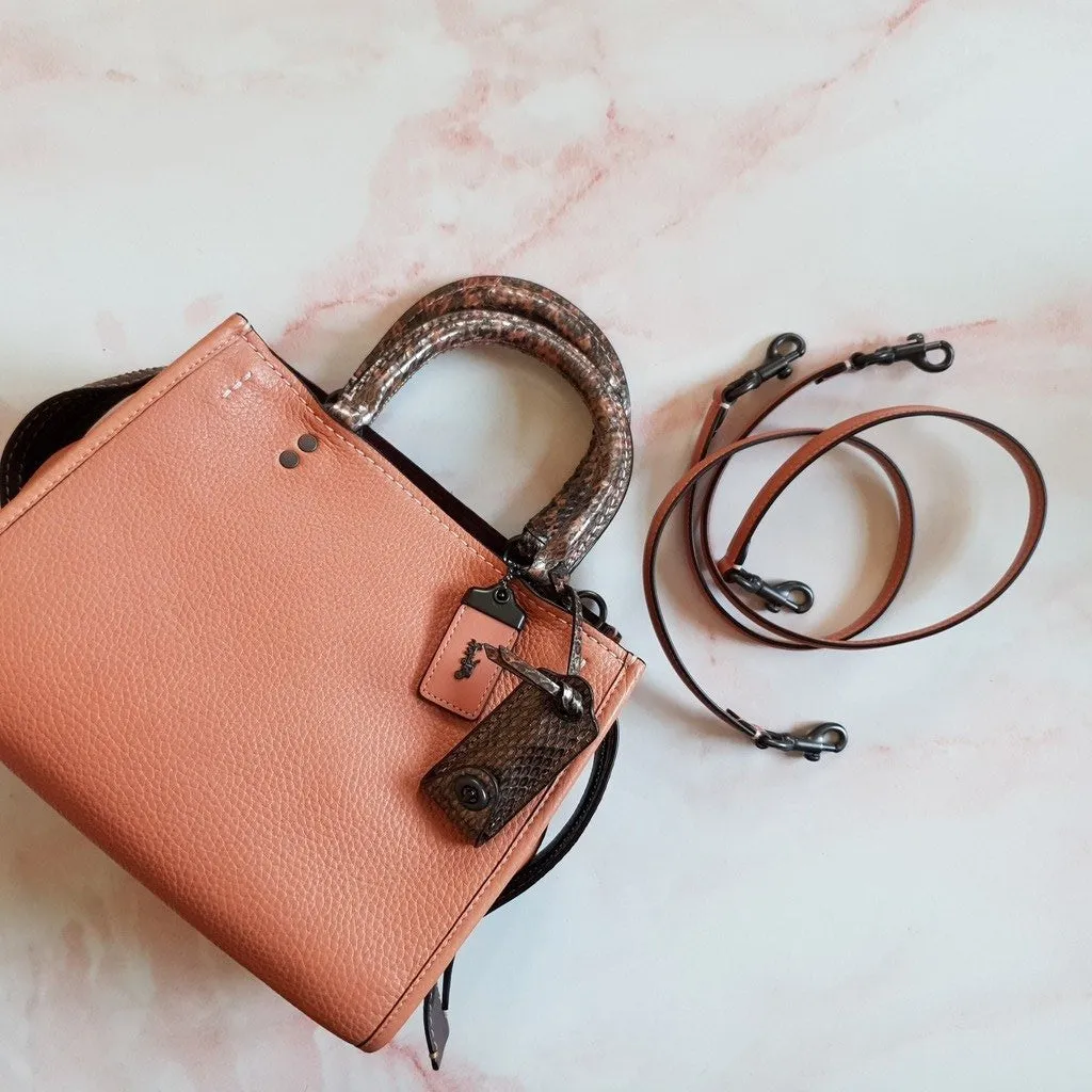 Coach 1941 Rogue 25 in Melon with Snakeskin Handles - Shoulder Bag Handbag in Pebble Leather Pink Salmon Peach