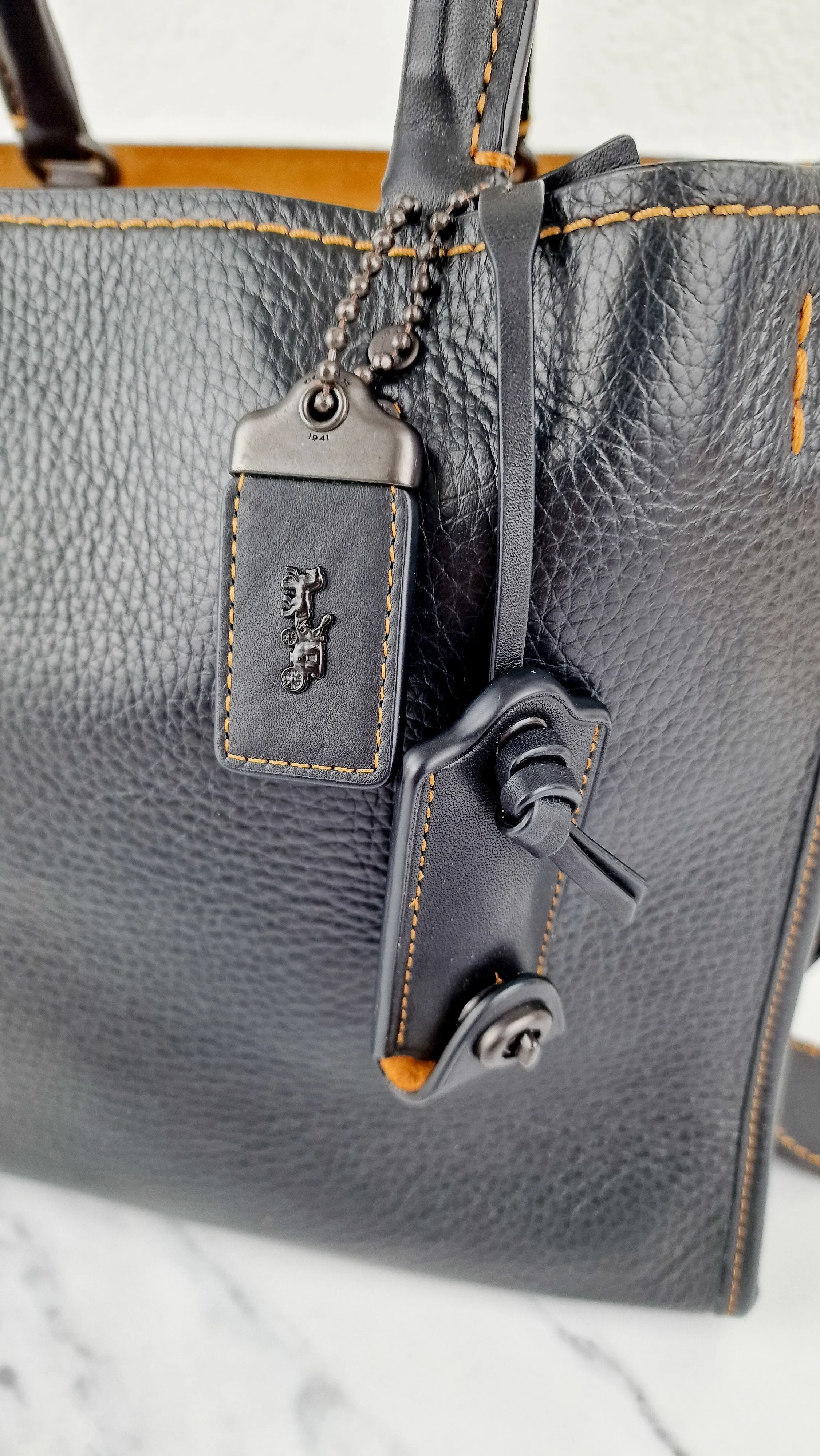 Coach 1941 Rogue 31 Black Pebble Leather Bag with Honey Suede - Classic Handbag - Coach 38124
