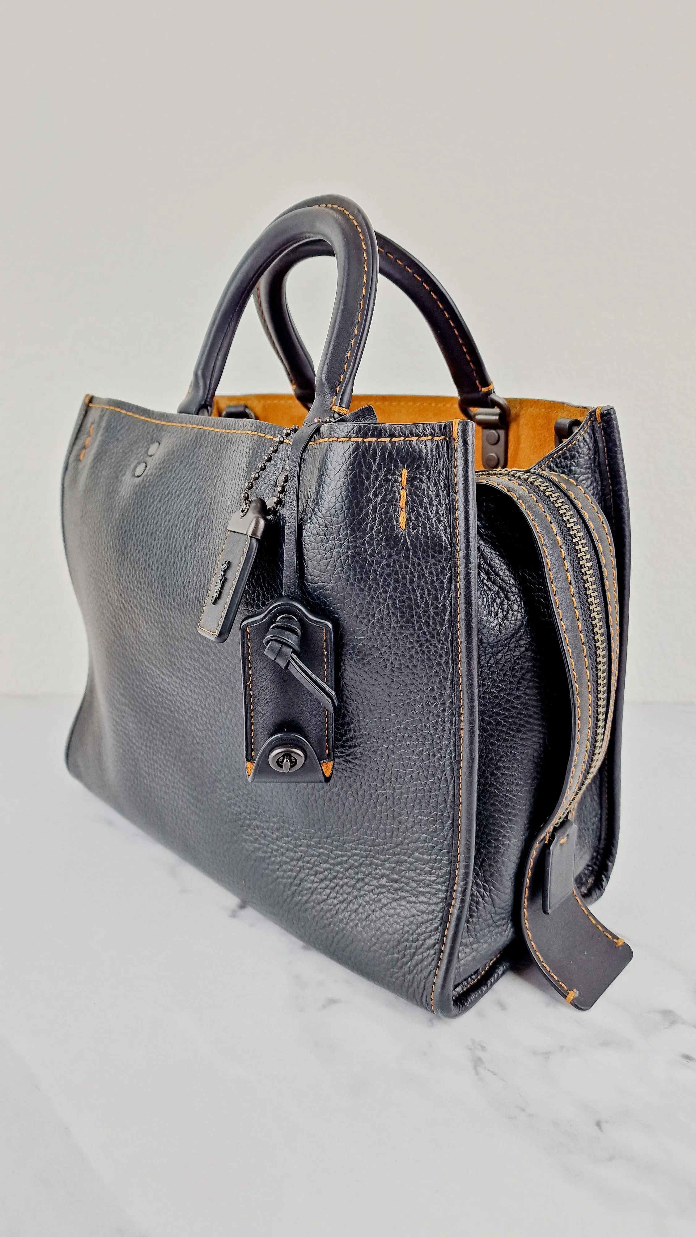 Coach 1941 Rogue 31 Black Pebble Leather Bag with Honey Suede - Classic Handbag - Coach 38124