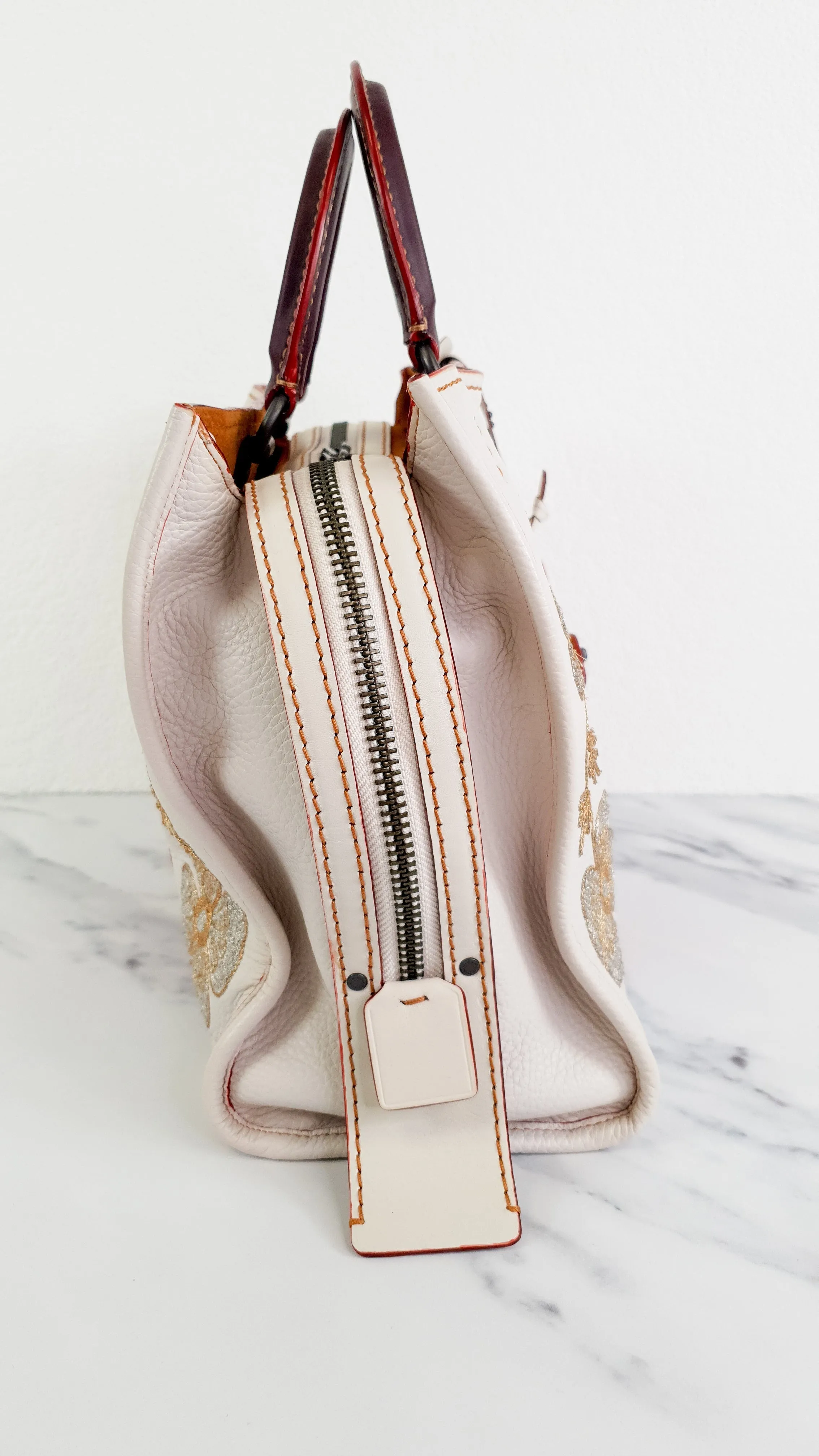 Coach 1941 Rogue 31 in Chalk with Western Embroidery Flowers & Varsity Stripe - Satchel Handbag Coach 57230