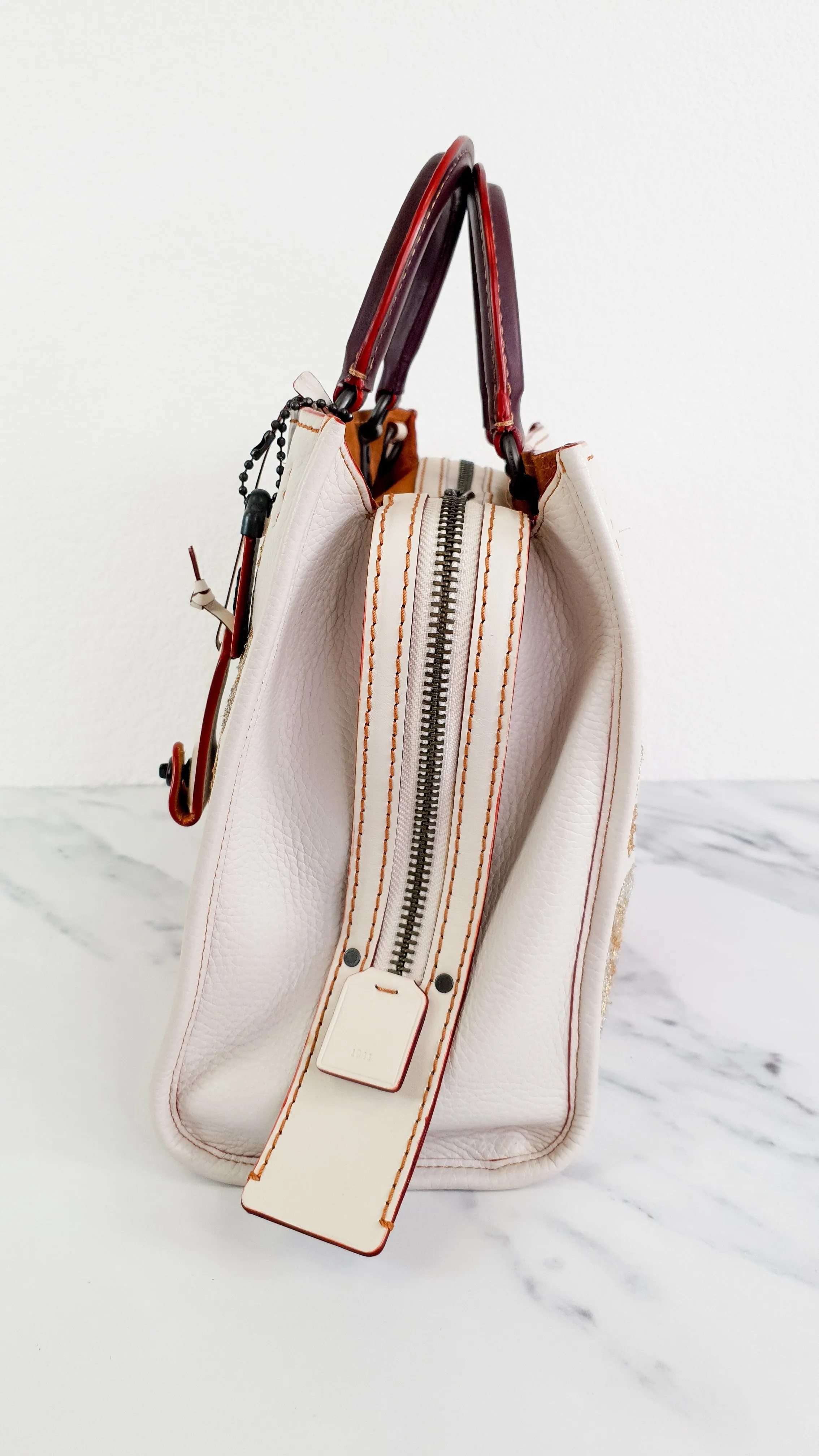Coach 1941 Rogue 31 in Chalk with Western Embroidery Flowers & Varsity Stripe - Satchel Handbag Coach 57230