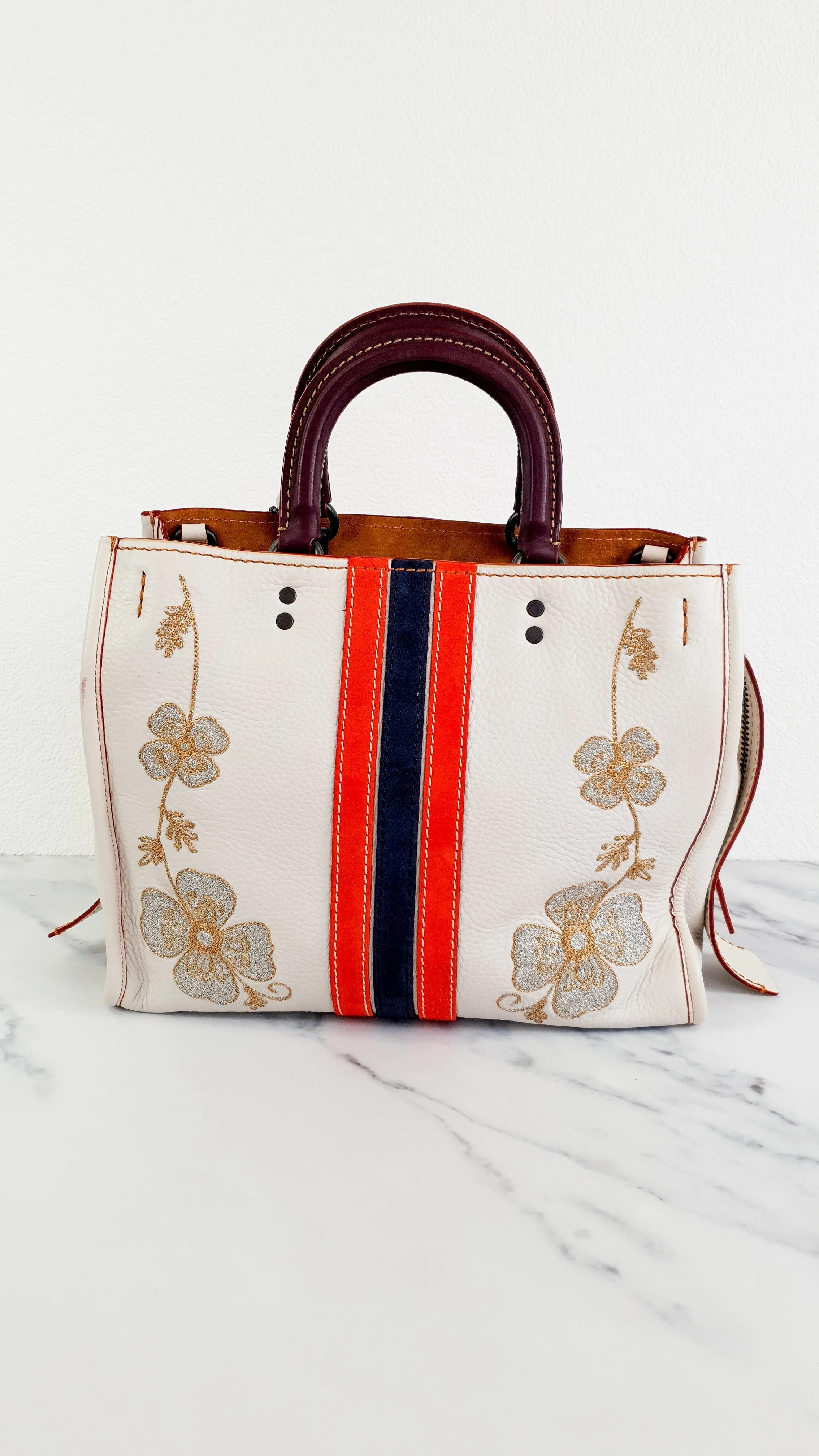 Coach 1941 Rogue 31 in Chalk with Western Embroidery Flowers & Varsity Stripe - Satchel Handbag Coach 57230