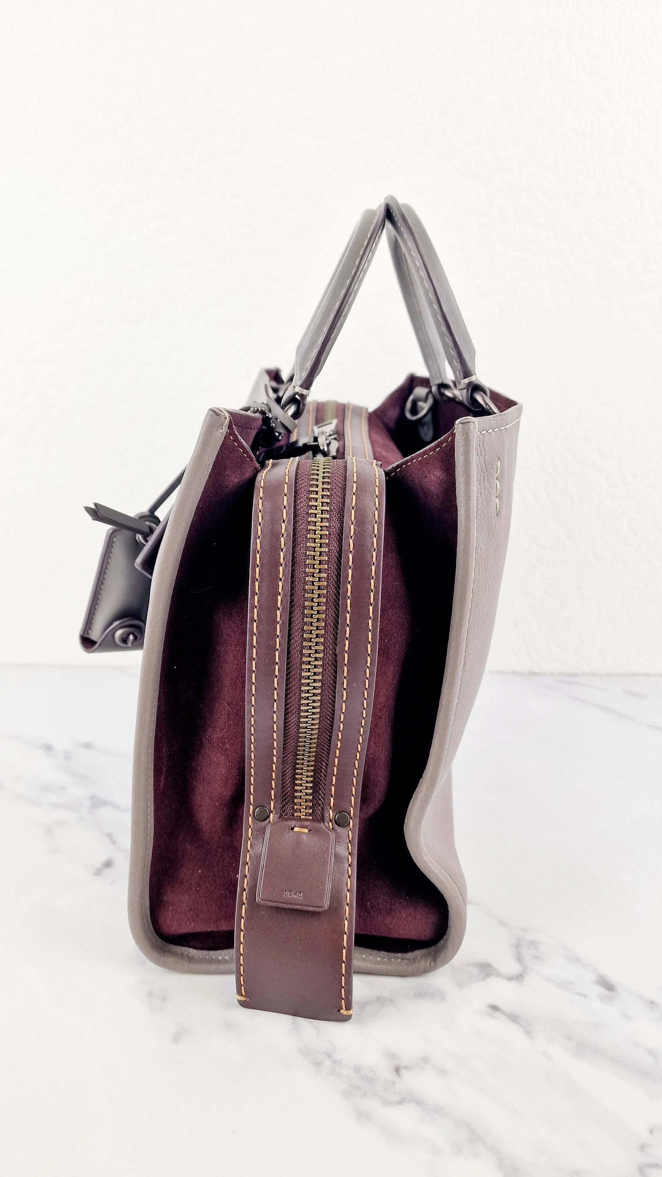Coach 1941 Rogue 31 in Heather Grey Pebbled Leather with Oxblood Suede Sides Colorblock Satchel Handbag - Coach 23755