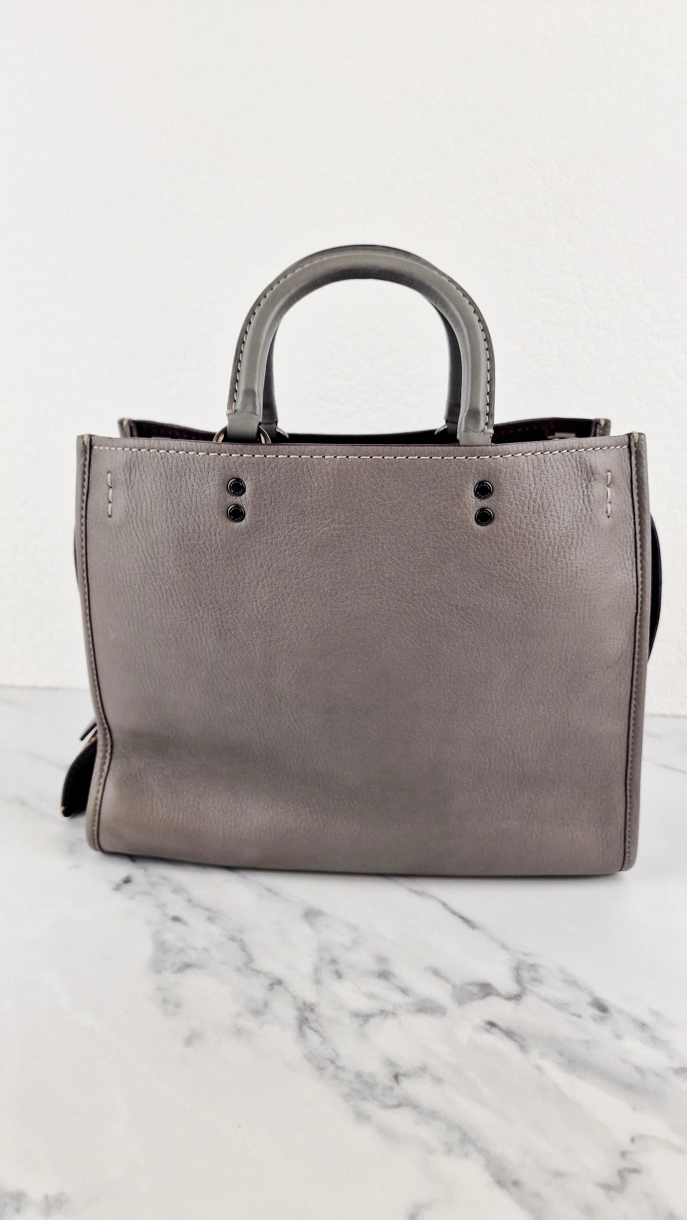 Coach 1941 Rogue 31 in Heather Grey Pebbled Leather with Oxblood Suede Sides Colorblock Satchel Handbag - Coach 23755