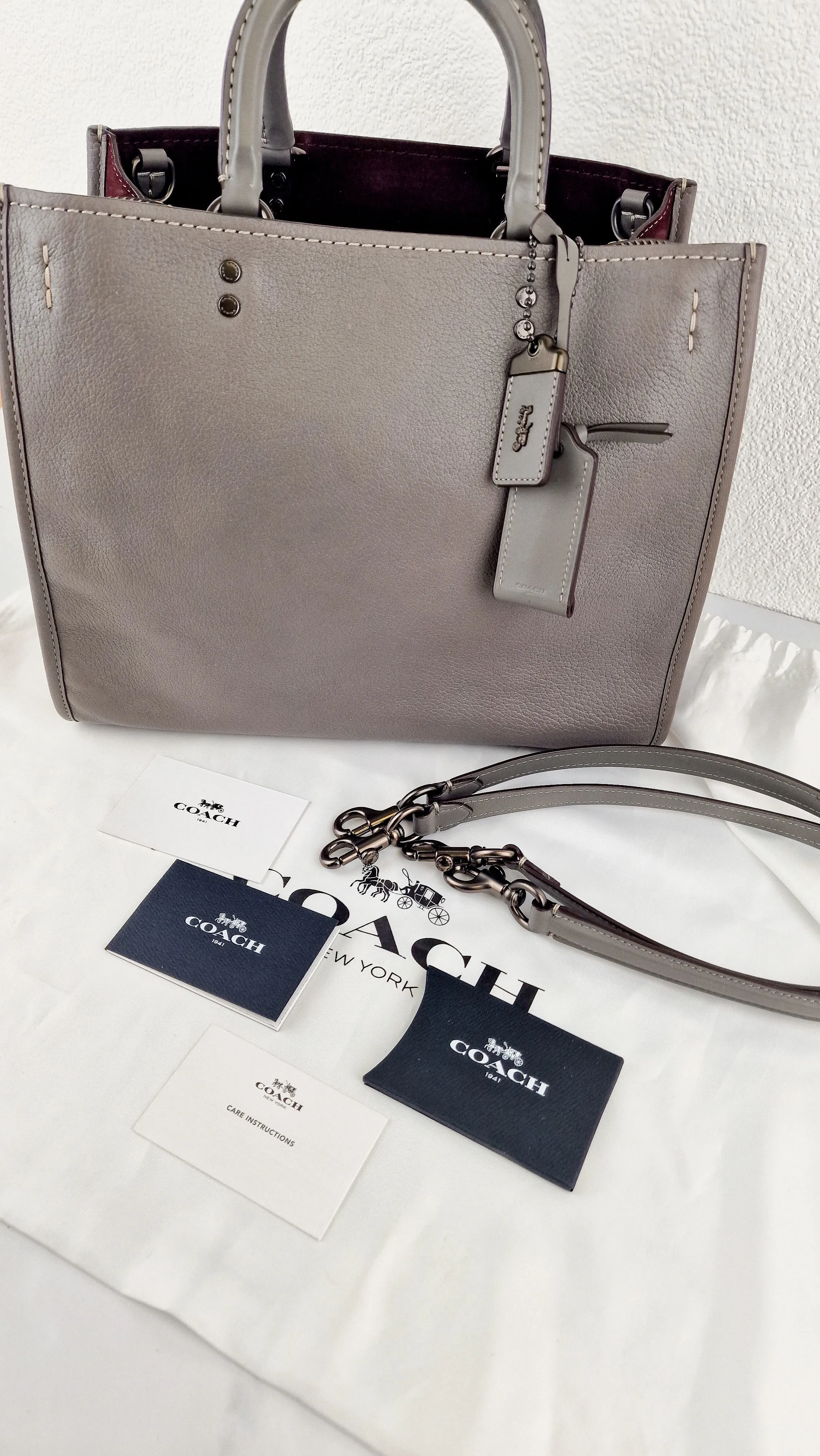 Coach 1941 Rogue 31 in Heather Grey Pebbled Leather with Oxblood Suede Sides Colorblock Satchel Handbag - Coach 23755