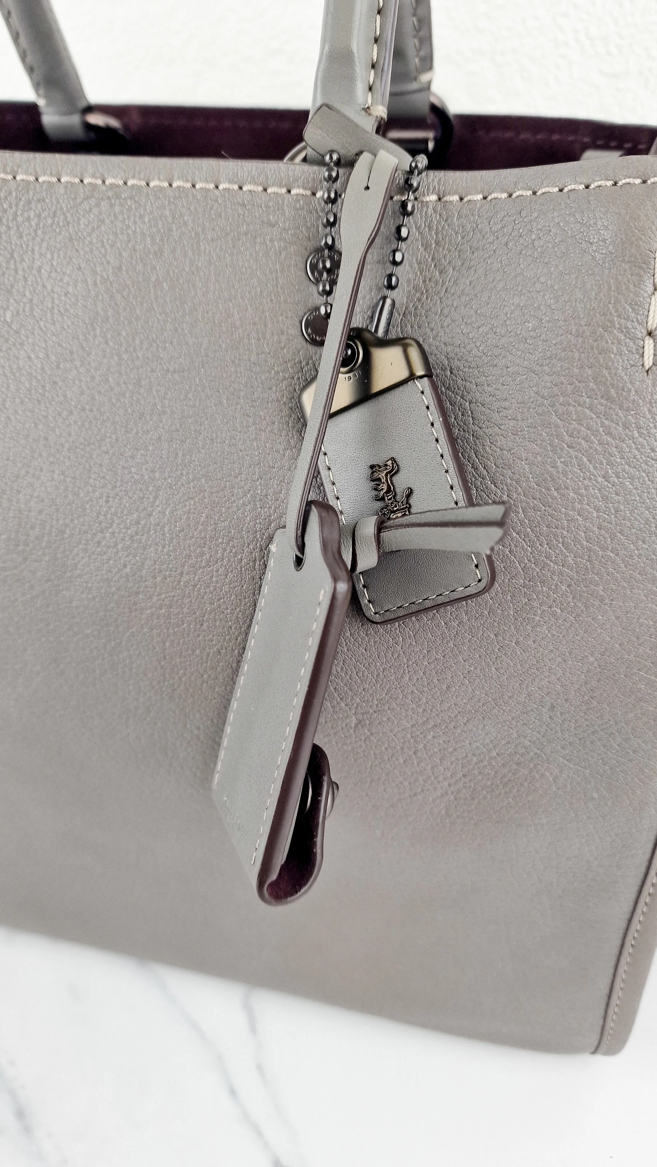 Coach 1941 Rogue 31 in Heather Grey Pebbled Leather with Oxblood Suede Sides Colorblock Satchel Handbag - Coach 23755