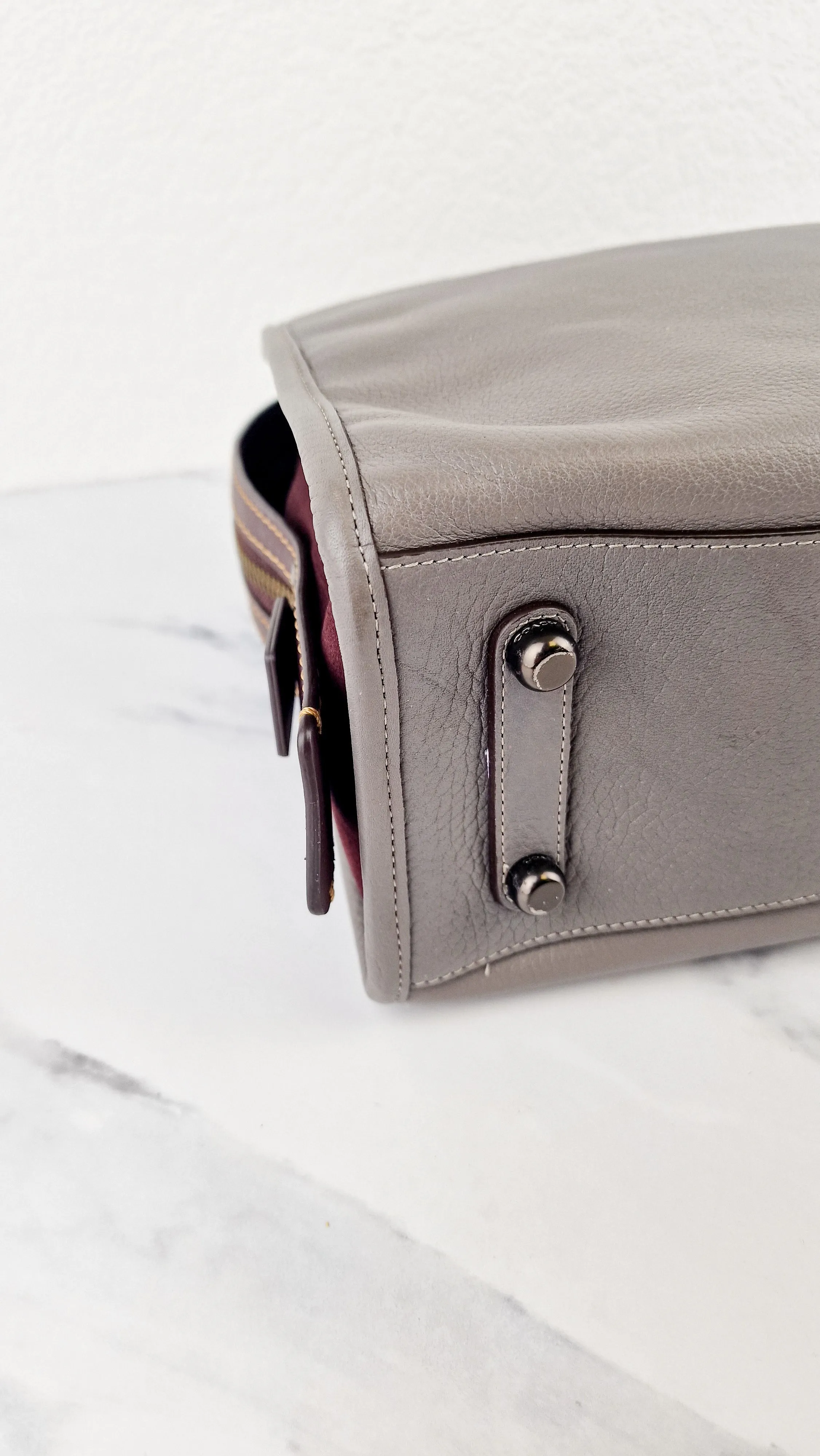 Coach 1941 Rogue 31 in Heather Grey Pebbled Leather with Oxblood Suede Sides Colorblock Satchel Handbag - Coach 23755