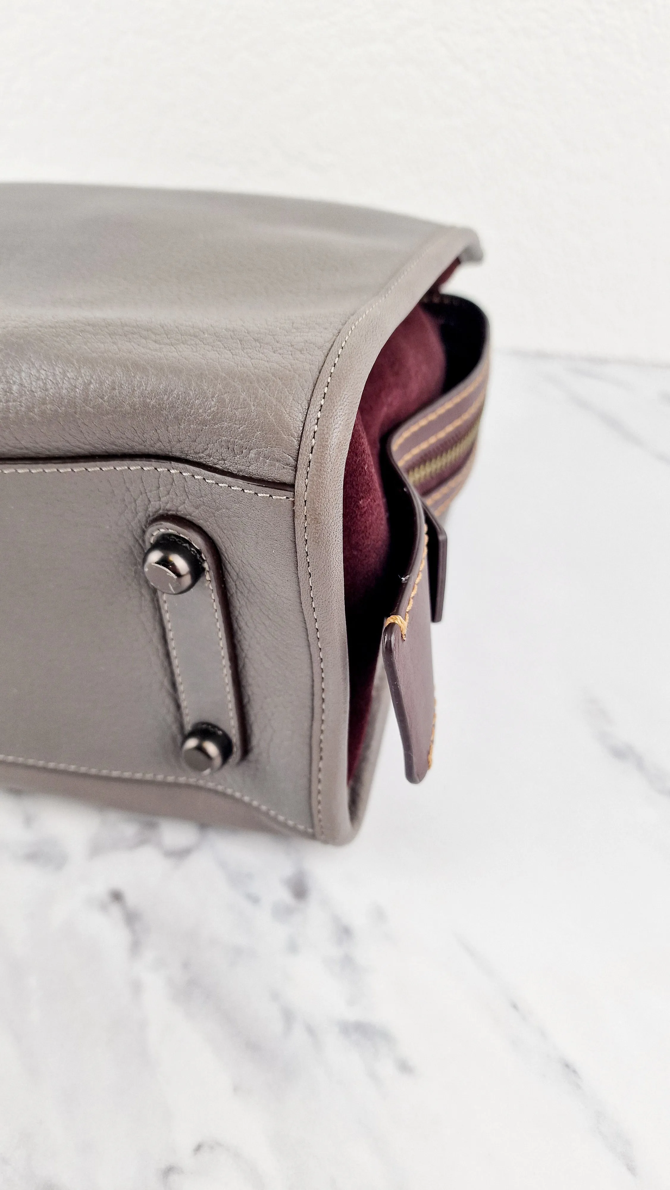 Coach 1941 Rogue 31 in Heather Grey Pebbled Leather with Oxblood Suede Sides Colorblock Satchel Handbag - Coach 23755