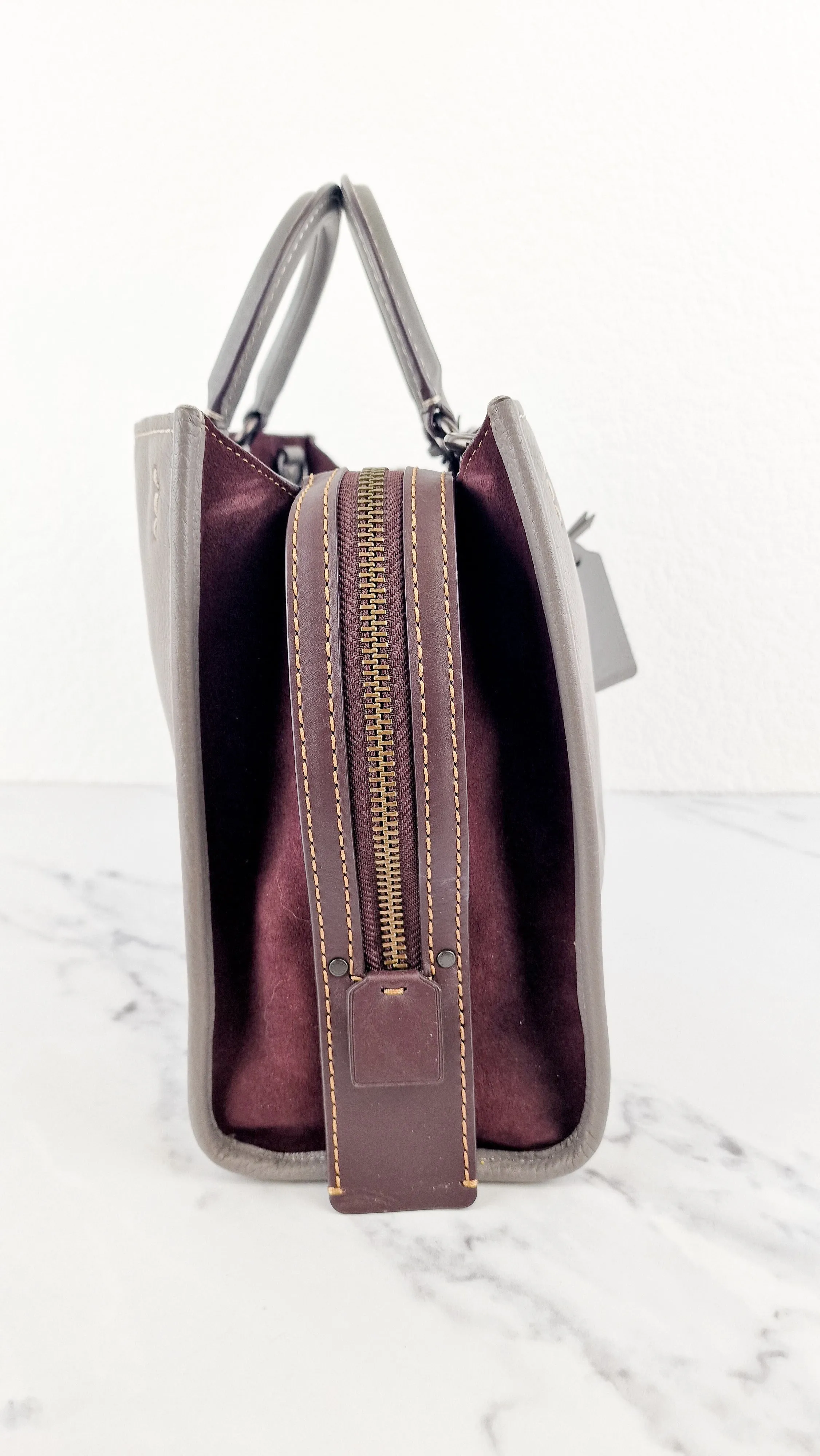 Coach 1941 Rogue 31 in Heather Grey Pebbled Leather with Oxblood Suede Sides Colorblock Satchel Handbag - Coach 23755