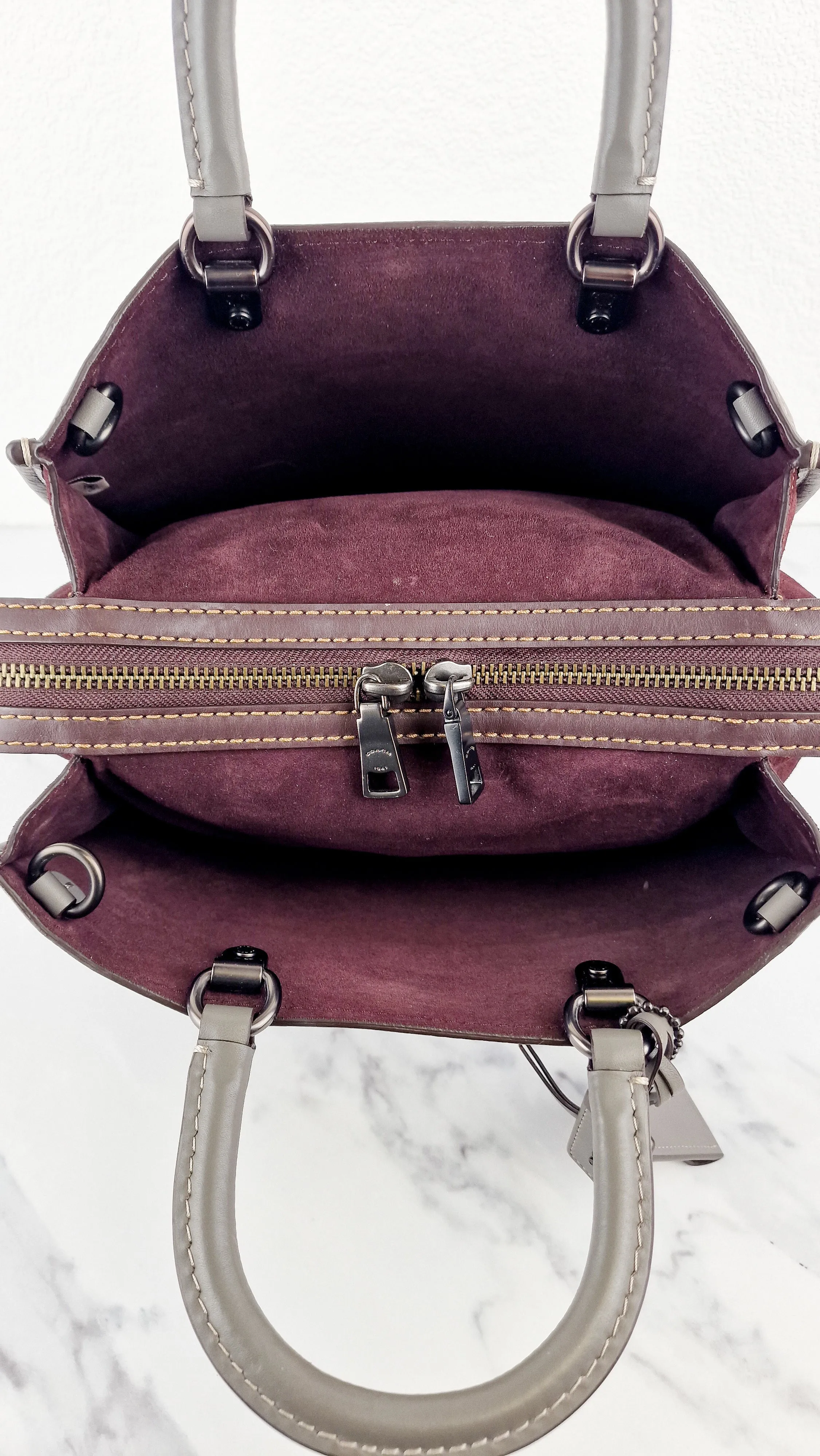 Coach 1941 Rogue 31 in Heather Grey Pebbled Leather with Oxblood Suede Sides Colorblock Satchel Handbag - Coach 23755