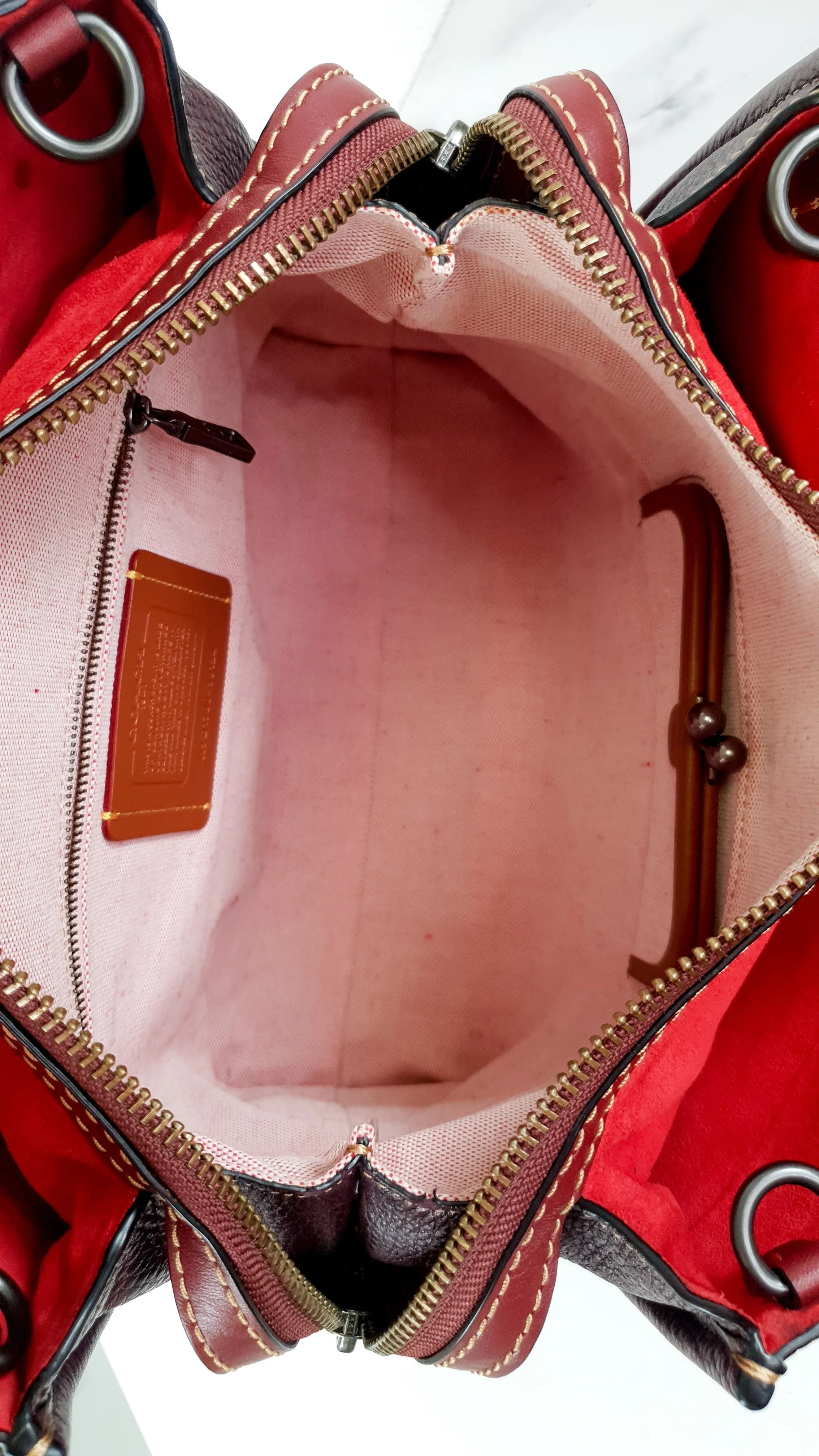 Coach 1941 Rogue 31 in Oxblood Pebble Leather Red Suede Lining Satchel Handbag - Coach 38124