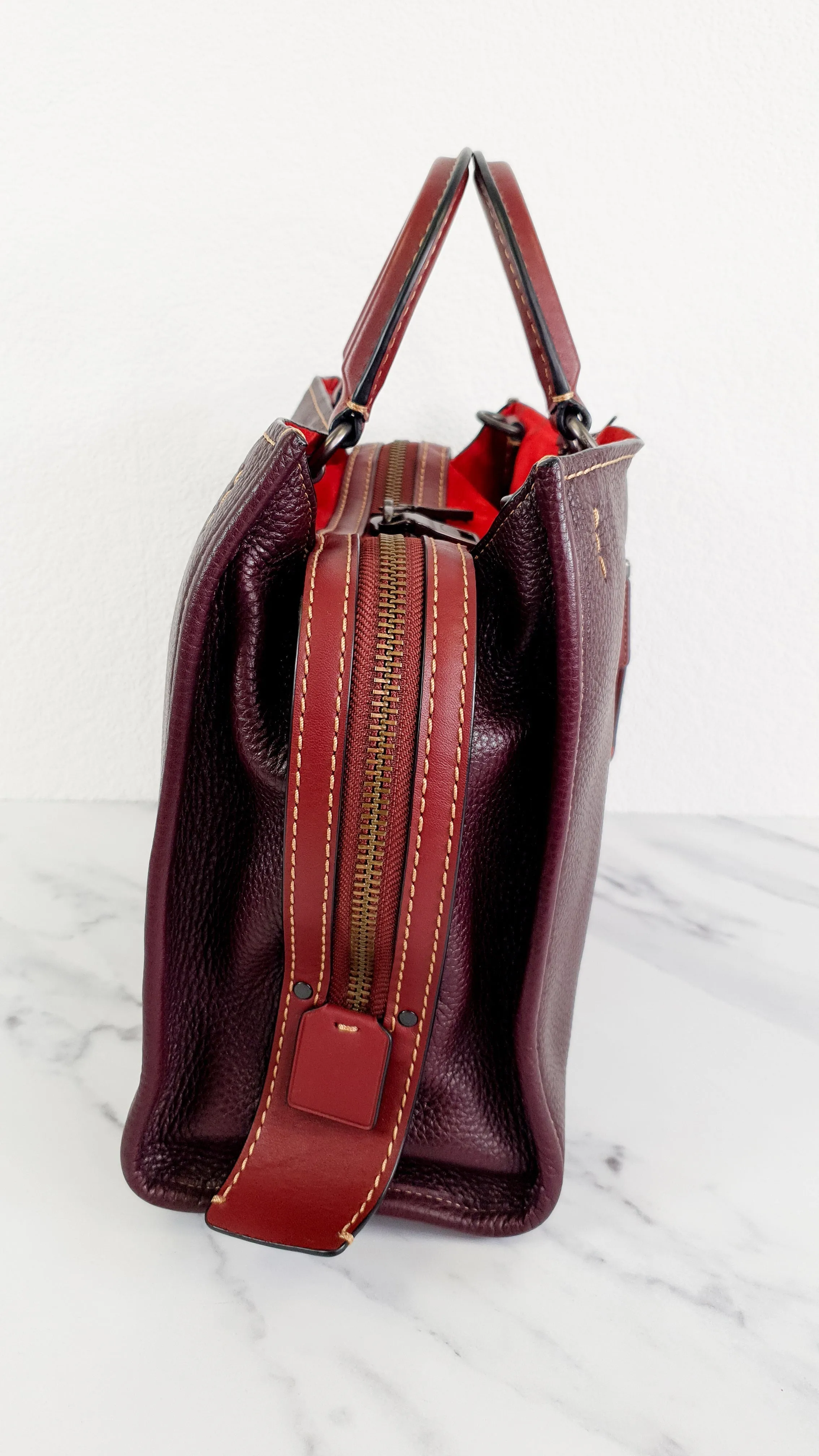 Coach 1941 Rogue 31 in Oxblood Pebble Leather Red Suede Lining Satchel Handbag - Coach 38124