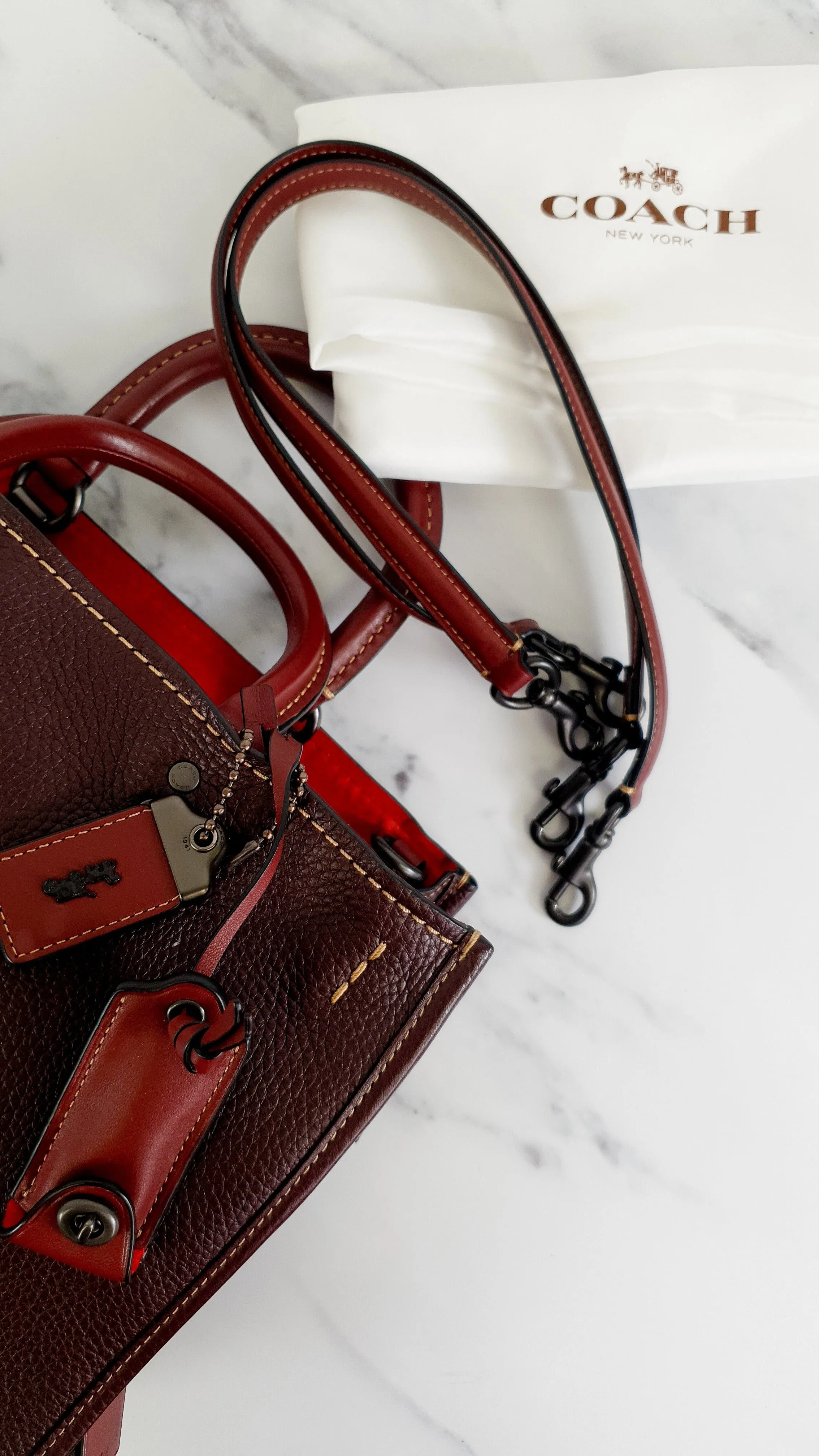 Coach 1941 Rogue 31 in Oxblood Pebble Leather Red Suede Lining Satchel Handbag - Coach 38124