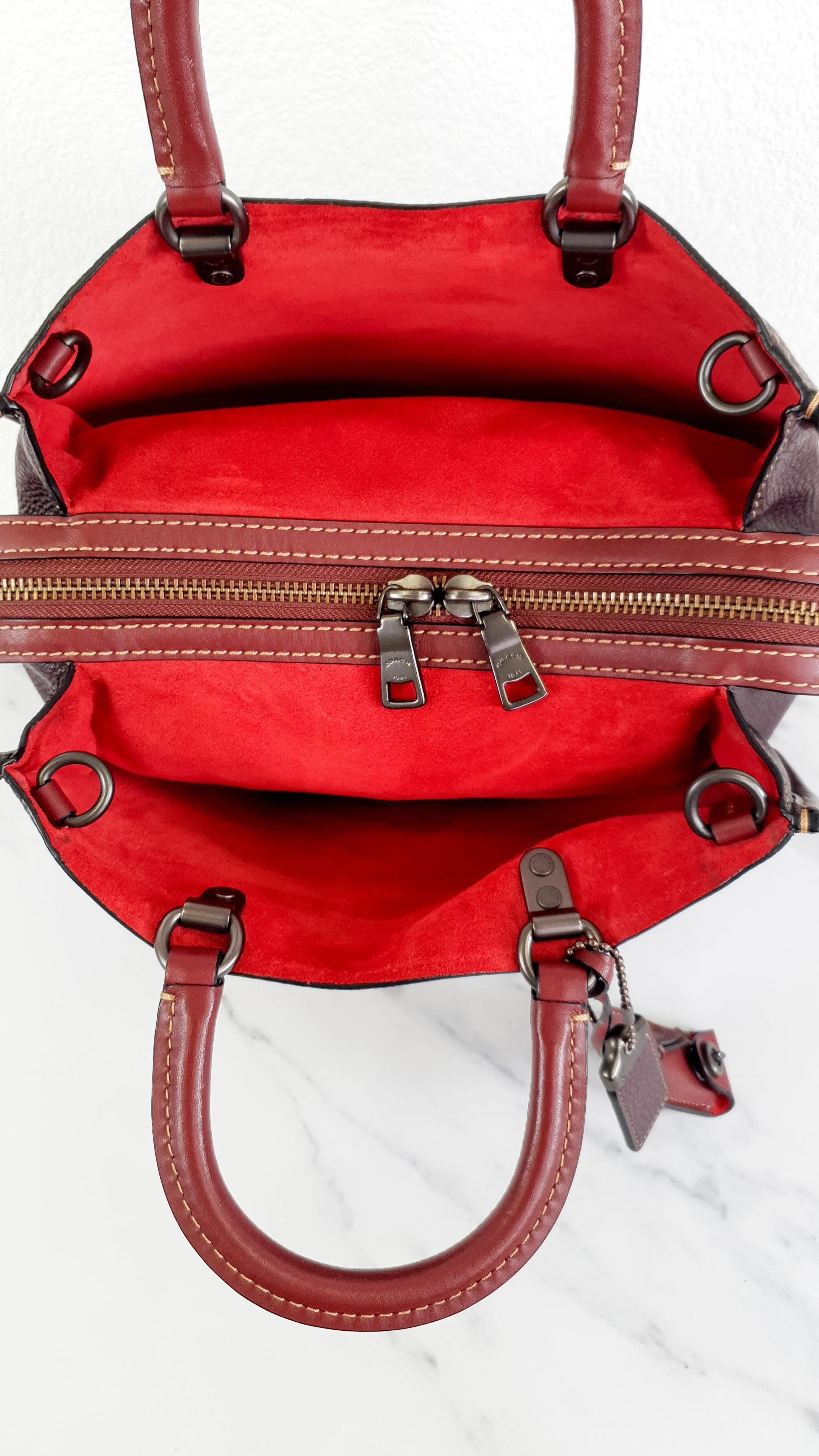 Coach 1941 Rogue 31 in Oxblood Pebble Leather Red Suede Lining Satchel Handbag - Coach 38124