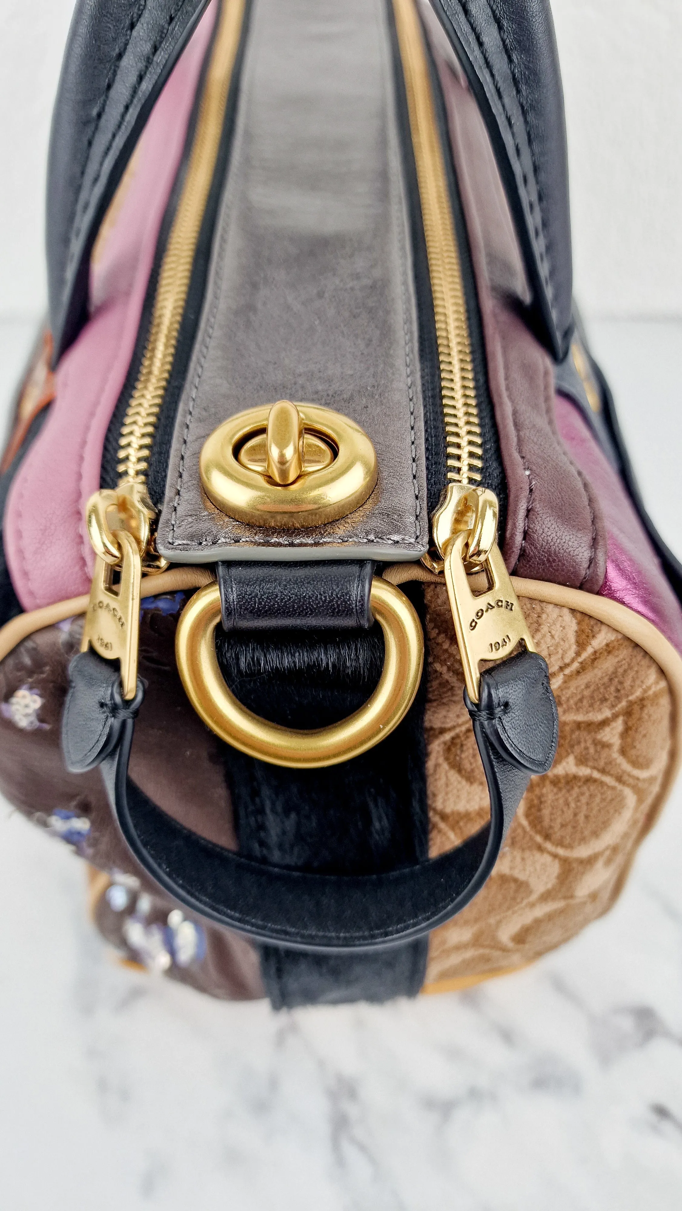Coach 1941 Shuffle Multi Stripe Jacquard Sample Bag in Limited Edition - Patchwork Panelled Colorblock Leather Pink & Brown Duffle Bag Coach Signature