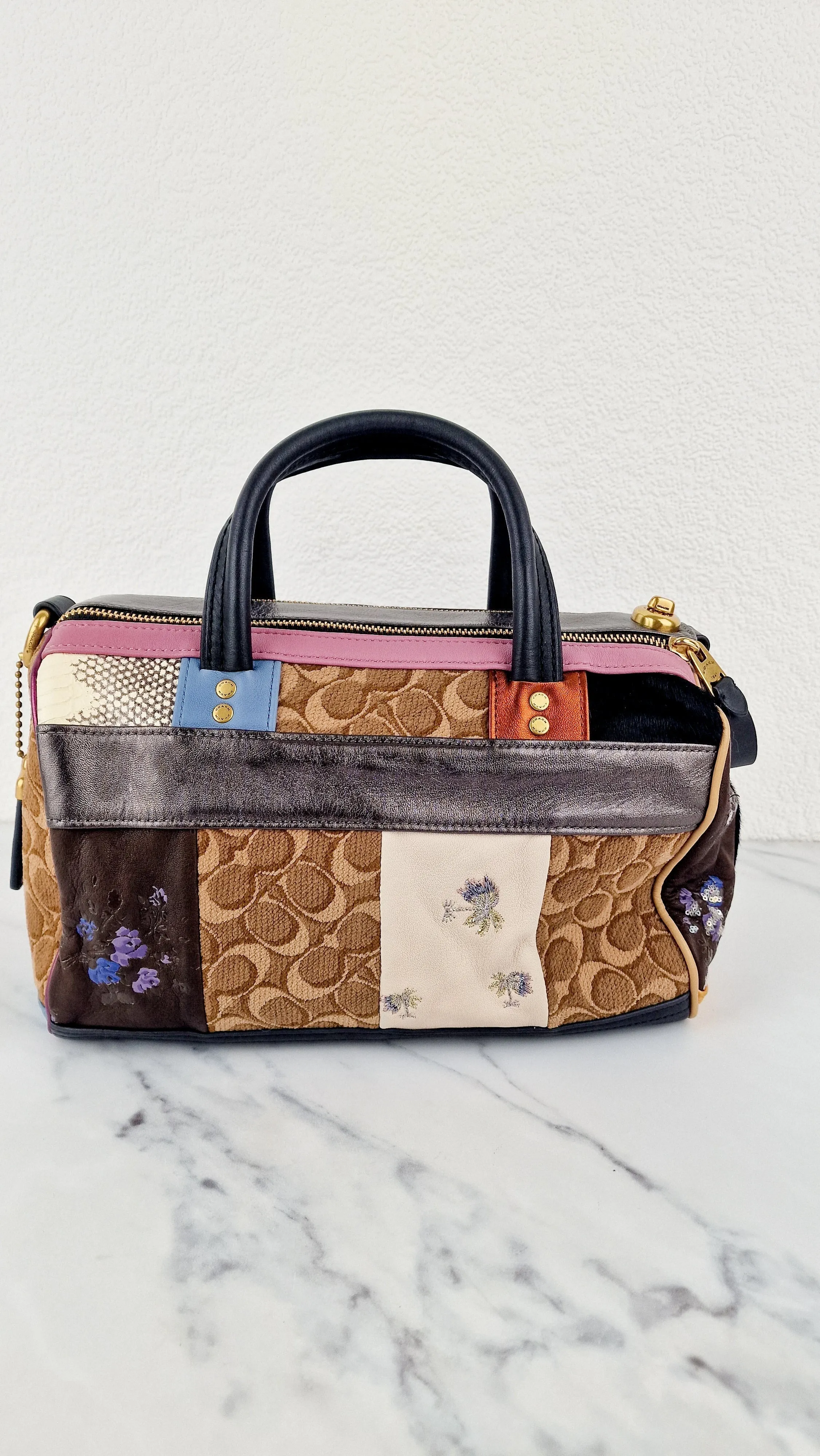Coach 1941 Shuffle Multi Stripe Jacquard Sample Bag in Limited Edition - Patchwork Panelled Colorblock Leather Pink & Brown Duffle Bag Coach Signature