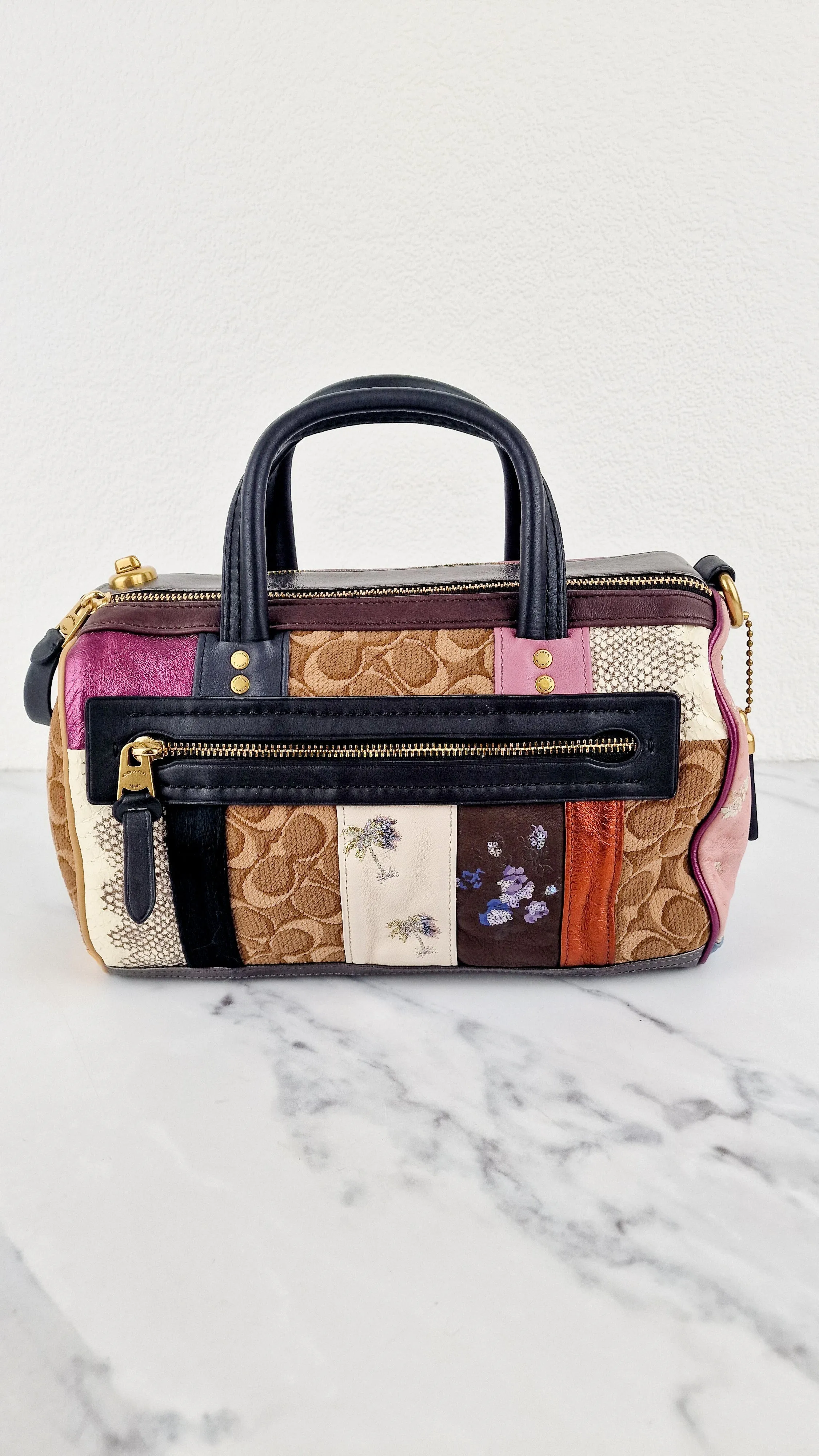 Coach 1941 Shuffle Multi Stripe Jacquard Sample Bag in Limited Edition - Patchwork Panelled Colorblock Leather Pink & Brown Duffle Bag Coach Signature